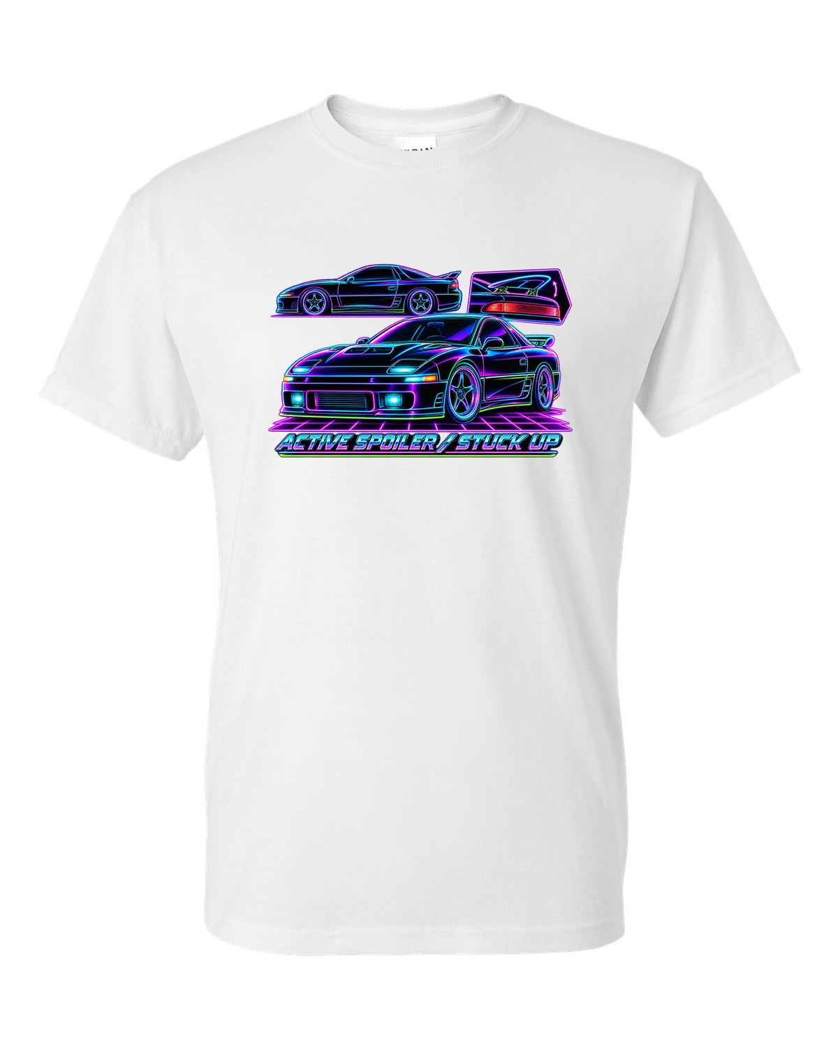 Neon wireframe outline print of the Mitsubishi 3000GT VR-4 with active spoiler stuck up text white t-shirt front view with the design