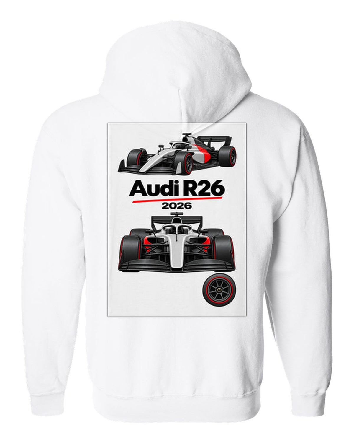 Audi R26 2026 F1 car technical poster artwork white zip hoodie back view with the design