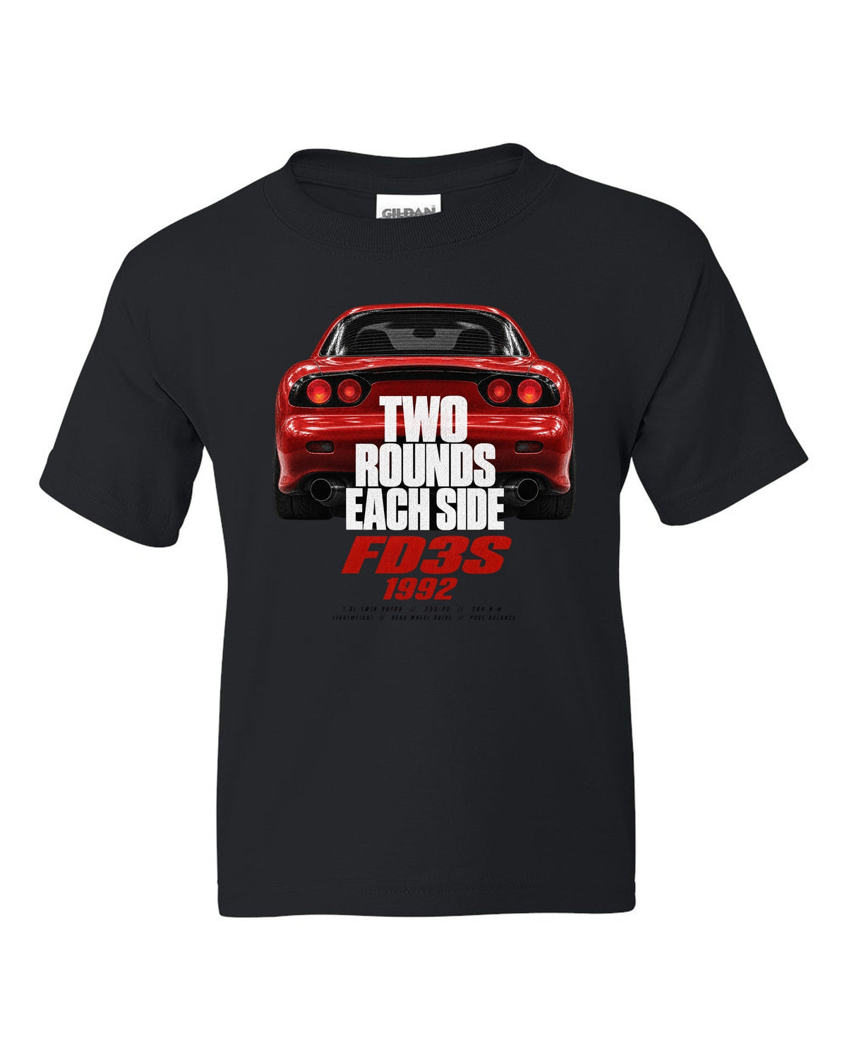 Taillight macro print of a Mazda RX-7 FD3S with round lamps black kids tee front view with the design