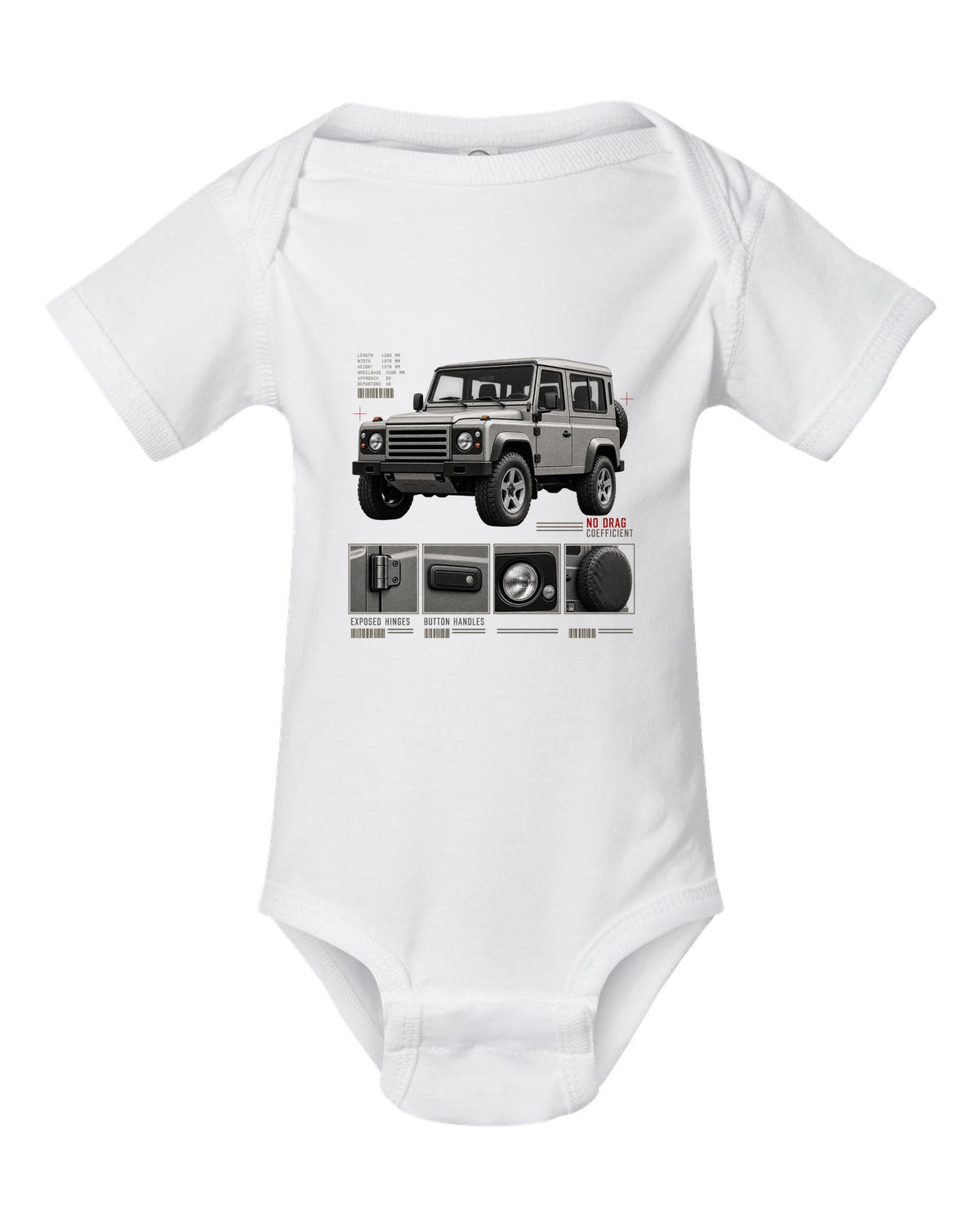 Dossier panel print of a Mercedes G-Class W463 listing exposed hinges and button handles white baby onesie front view with the design
