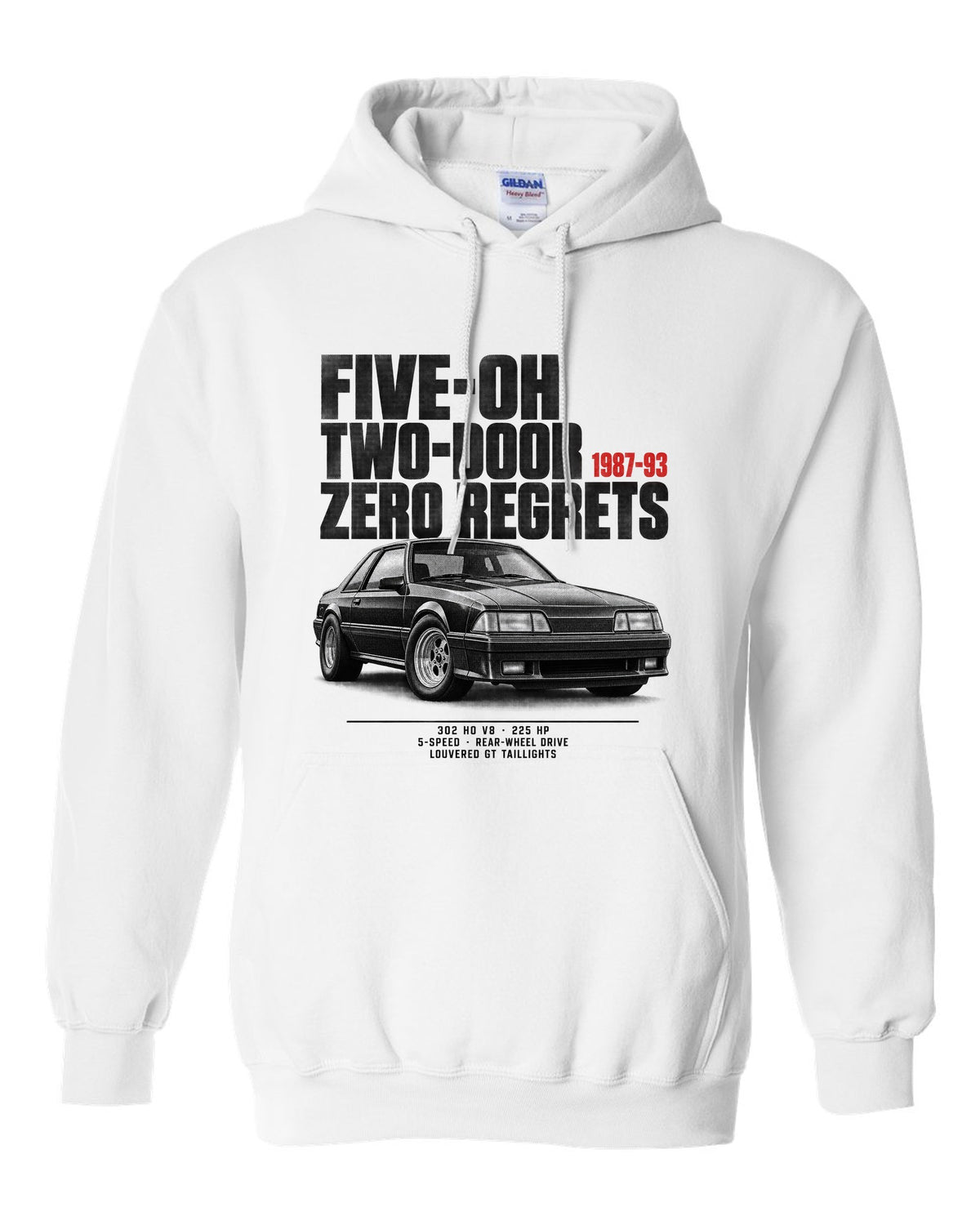 Halftone illustration of a Ford Mustang Fox body notchback with five-oh two-door lettering white pull over hoodie front view with the design