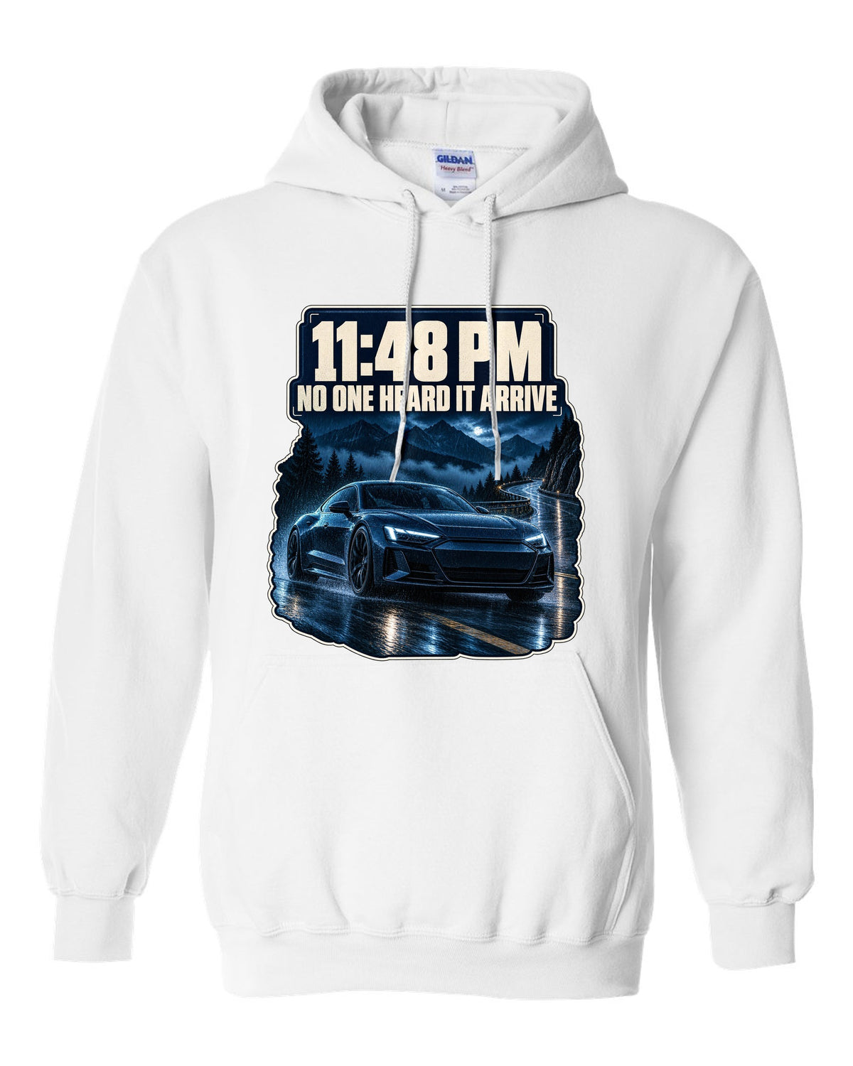Audi RS e-tron GT on a wet night street blue monochrome print design white pull over hoodie front view with the design