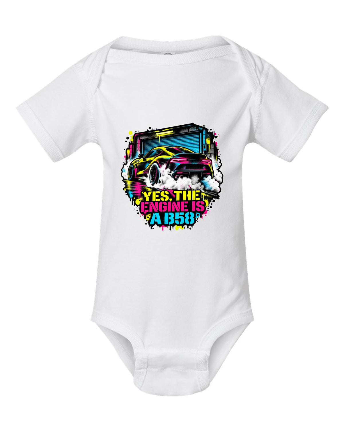 Stencil spray street art of a Toyota GR Supra A90 burnout on a garage door white baby onesie front view with the design