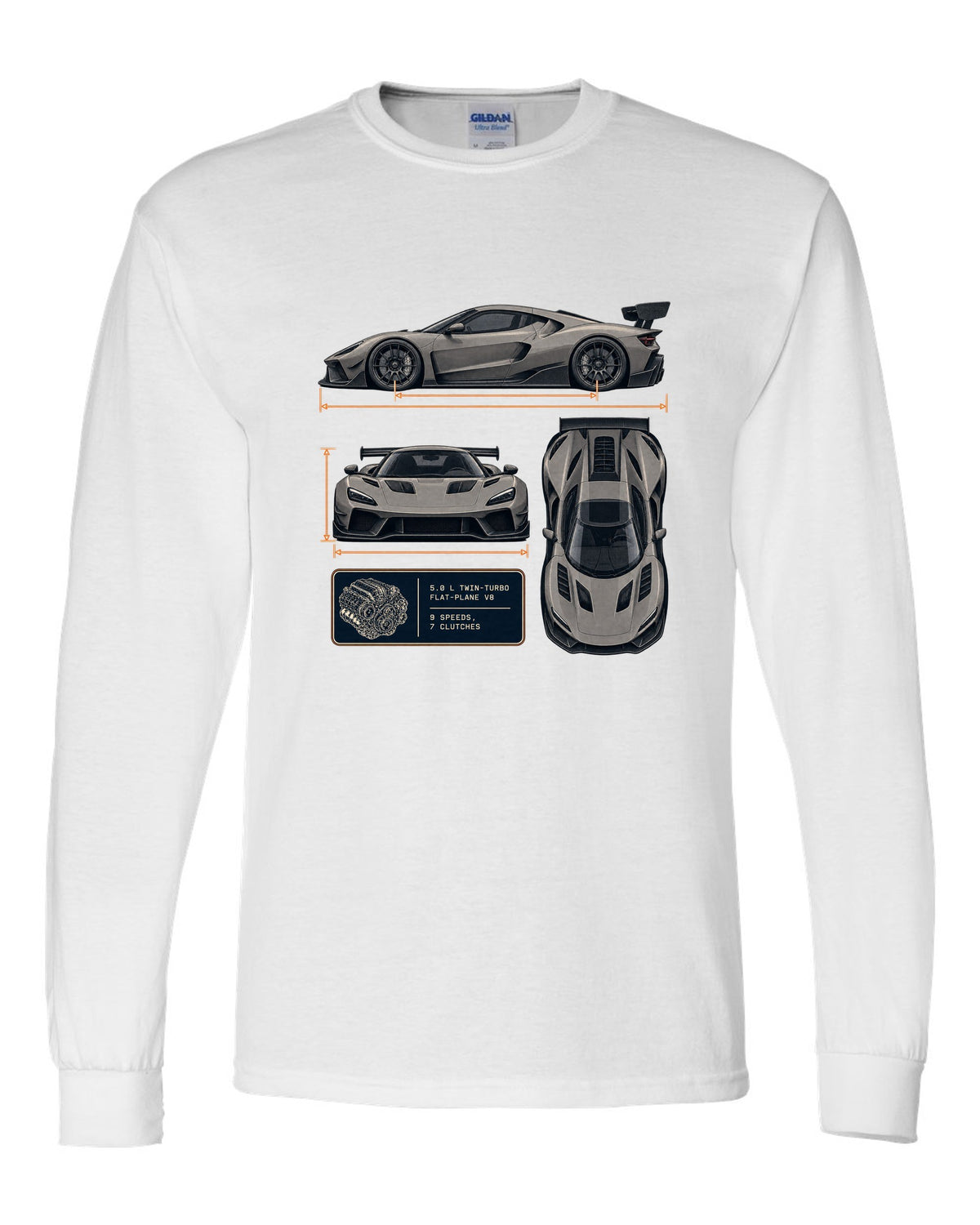 Three-view drawing and spec table of the Koenigsegg Jesko Attack, print white long sleeve front view with the design