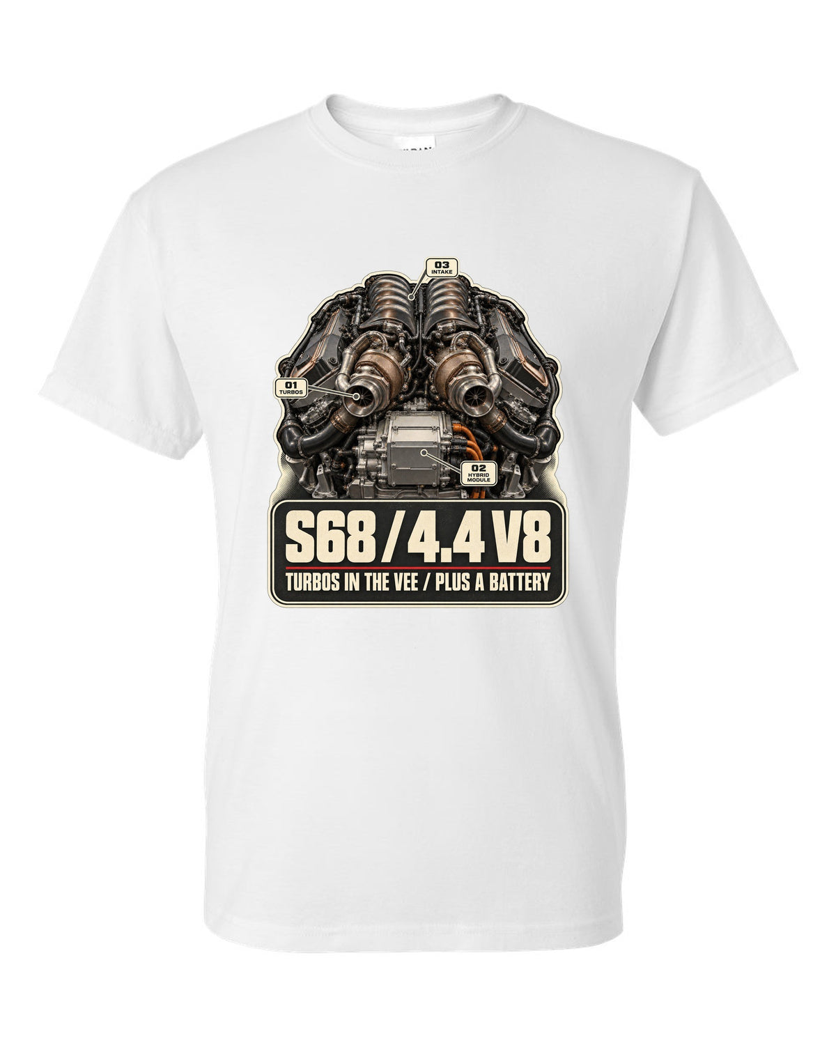 Engine hero print of the S68 4.4 V8 in the BMW XM G09 white t-shirt front view with the design