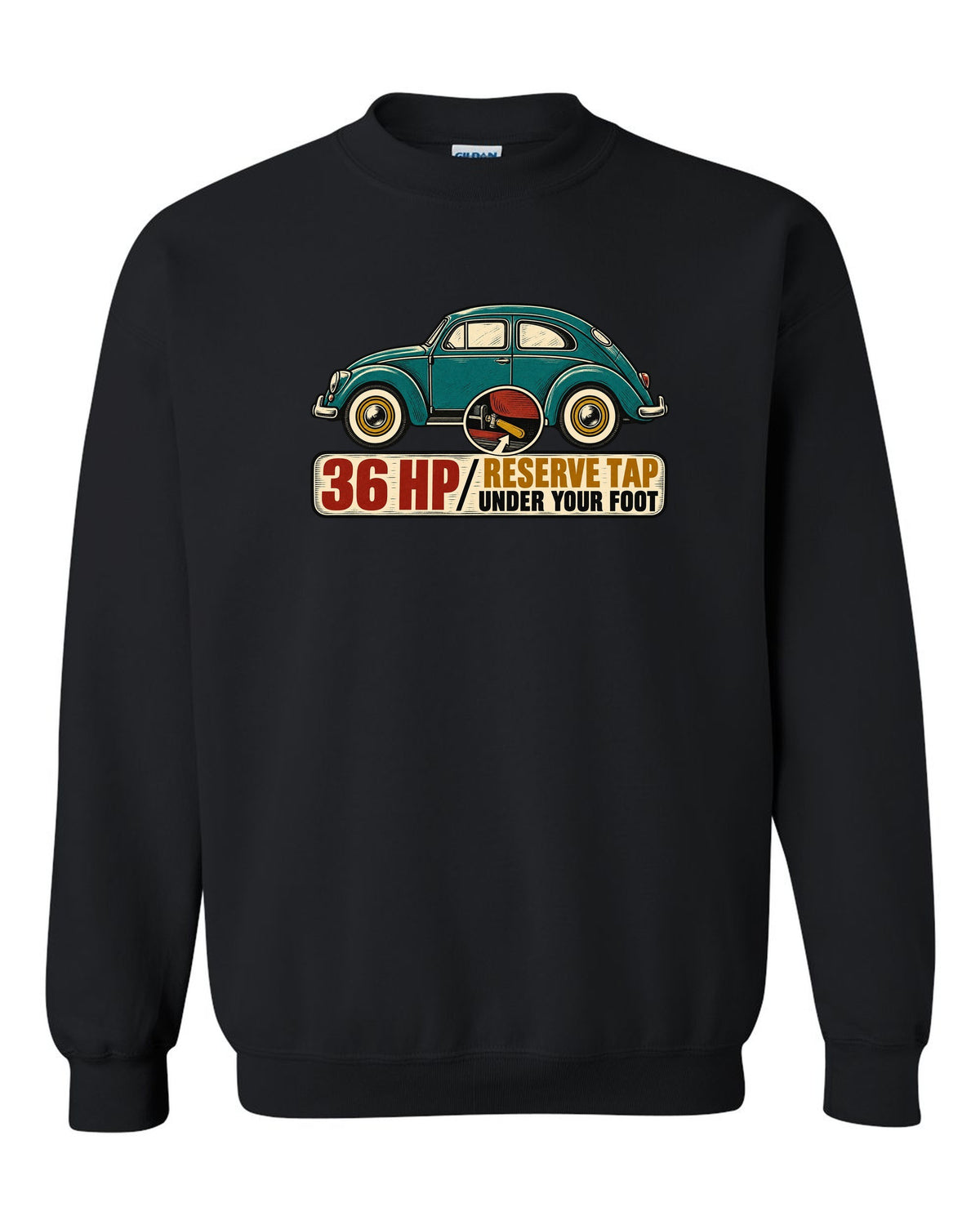 Multi-colour linocut of a 1955 oval-window VW Beetle with reserve tap lettering black crewneck front view with the design