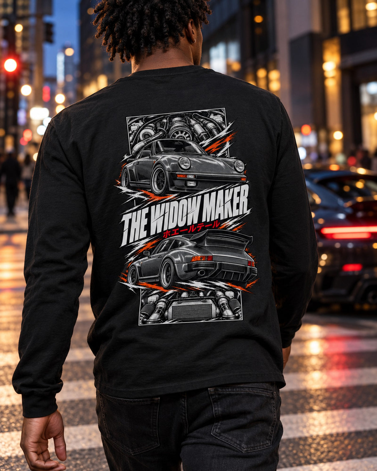 Porsche 930 Turbo Torn Poster Full-Back Graphic Tee Long Sleeve Black worn hero