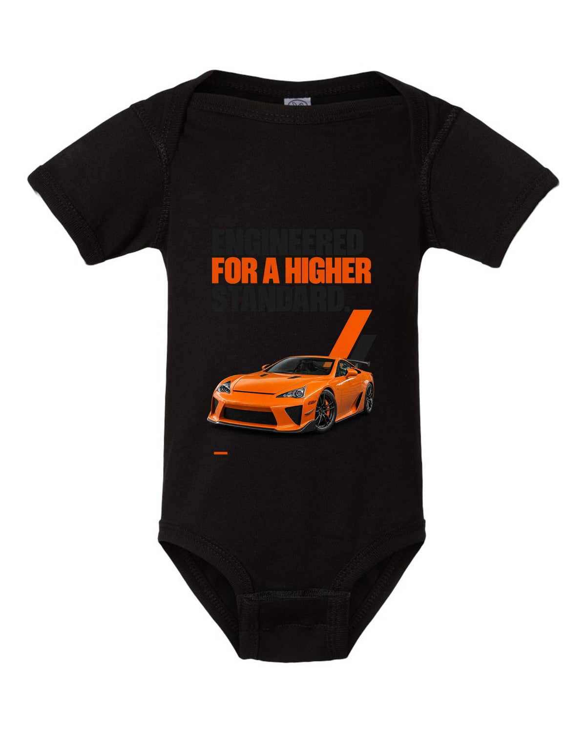 Magazine headline layout featuring the Lexus LFA and its digital tachometer black baby onesie front view with the design