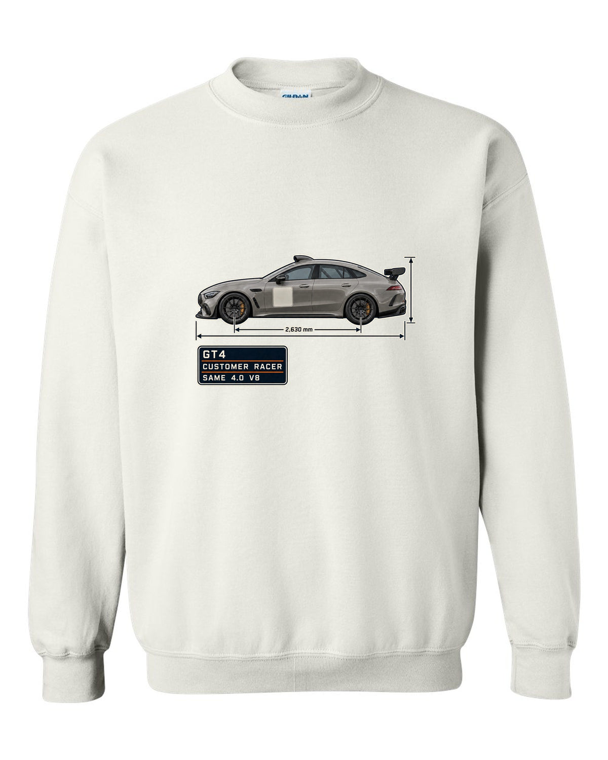 Mercedes-AMG GT4 unliveried spec poster print white crewneck front view with the design