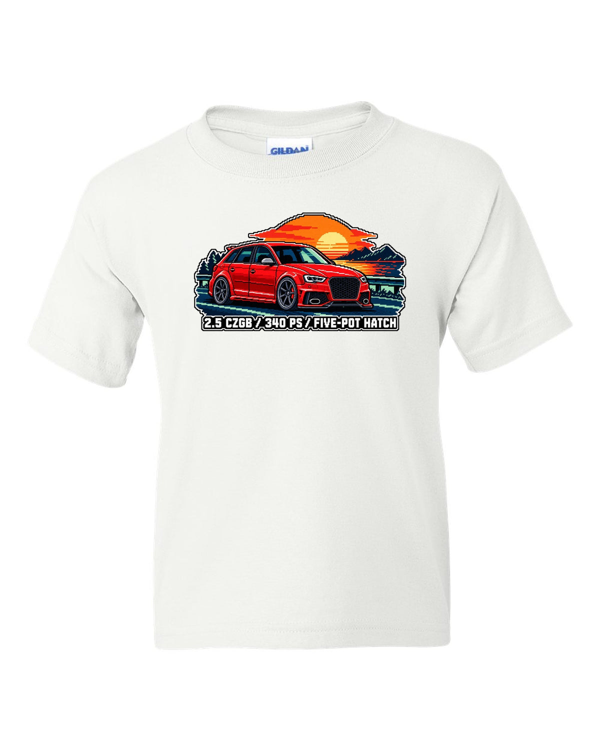 16-bit pixel art print of an Audi RS3 Sportback 8P with 2.5 CZGB text white kids tee front view with the design