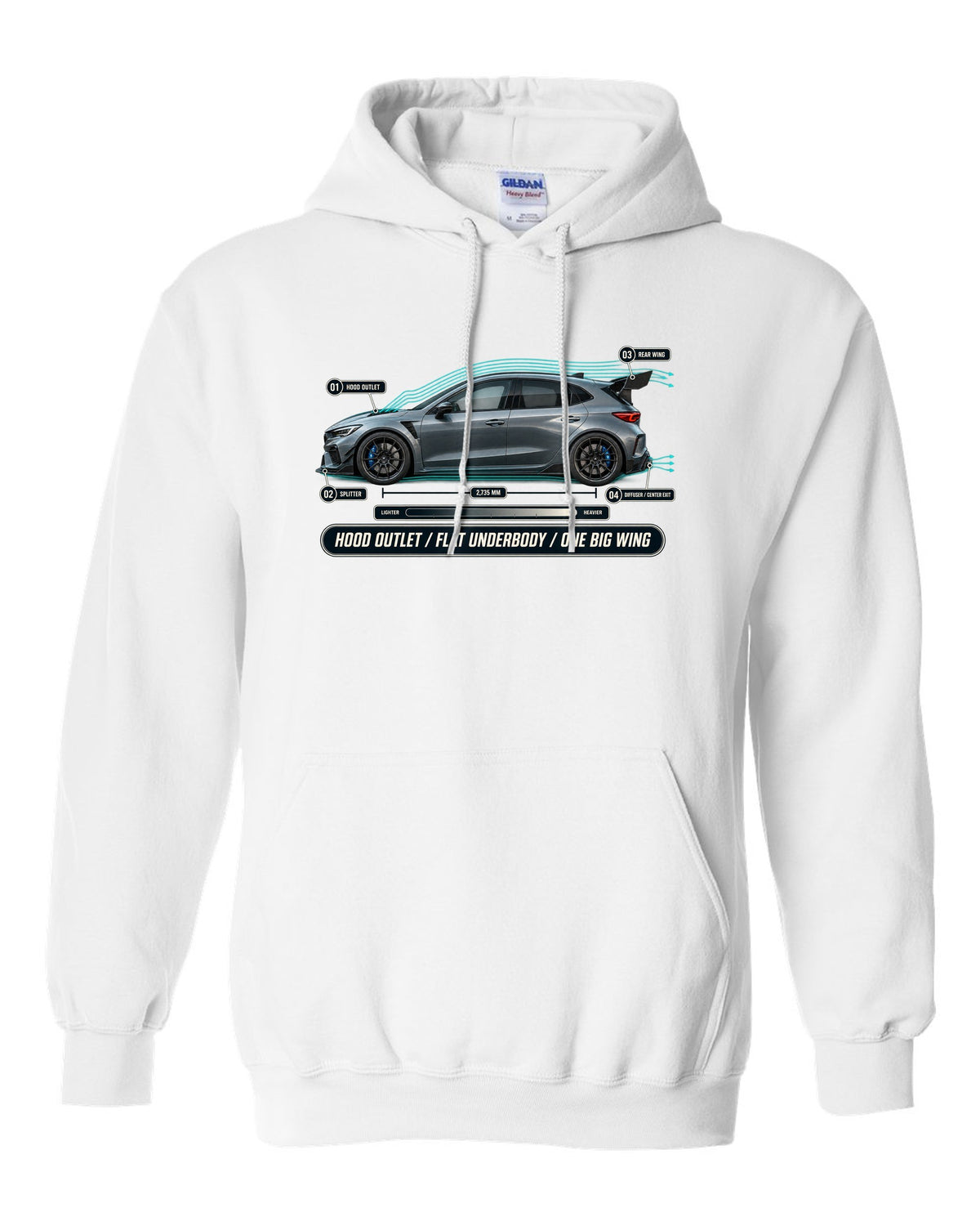 Honda Civic Type R FL5 Airflow Callouts white pull over hoodie front view with the design