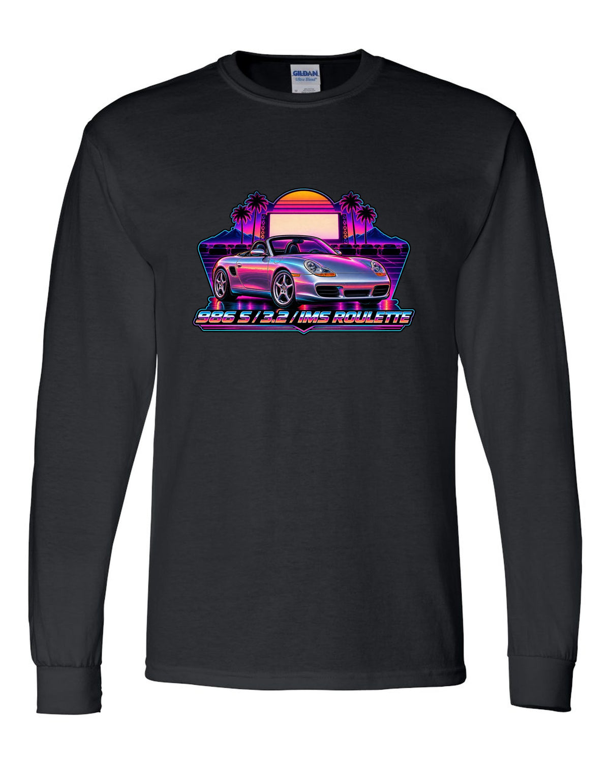 Porsche 986 Boxster S synthwave outrun design with IMS roulette lettering black long sleeve front view with the design