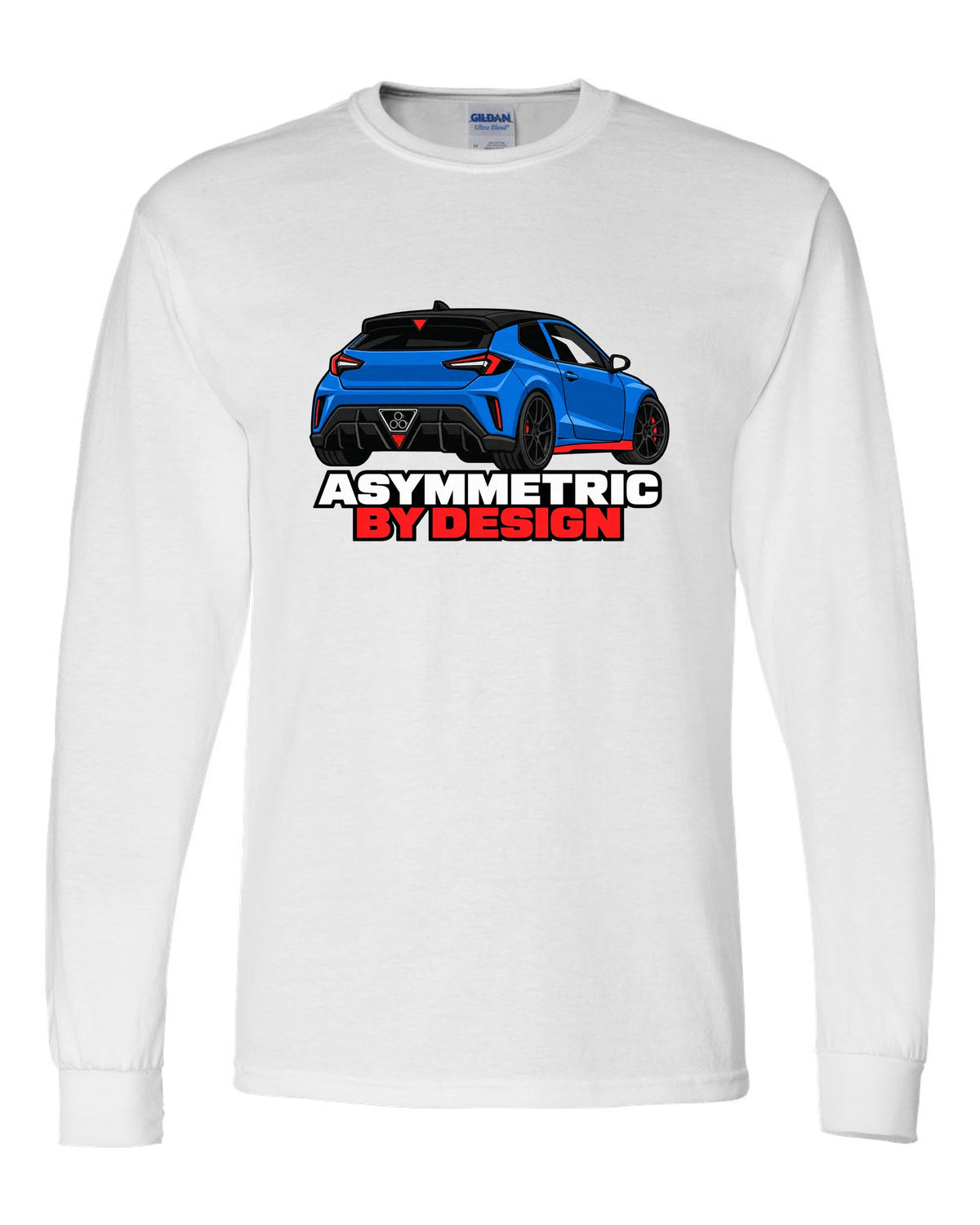 Hyundai Veloster N JS flat vector rear three-quarter print with asymmetric by design text white long sleeve front view with the design