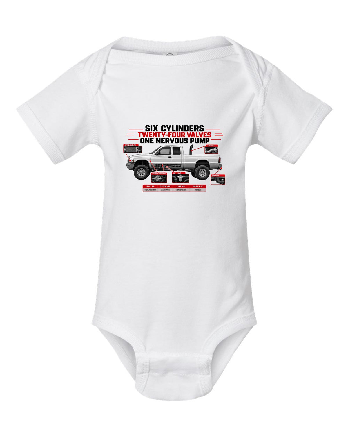 Spec poster of a 1998.5-2002 Ram 2500 5.9 24V with six cylinders, twenty-four valves, one nervous pump white baby onesie front view with the design