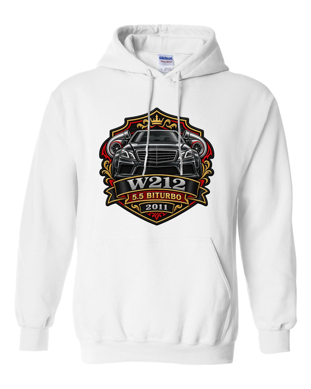 Varsity crest graphic reading W212 5.5 Biturbo 2011 for the Mercedes E63 W212, print white pull over hoodie front view with the design