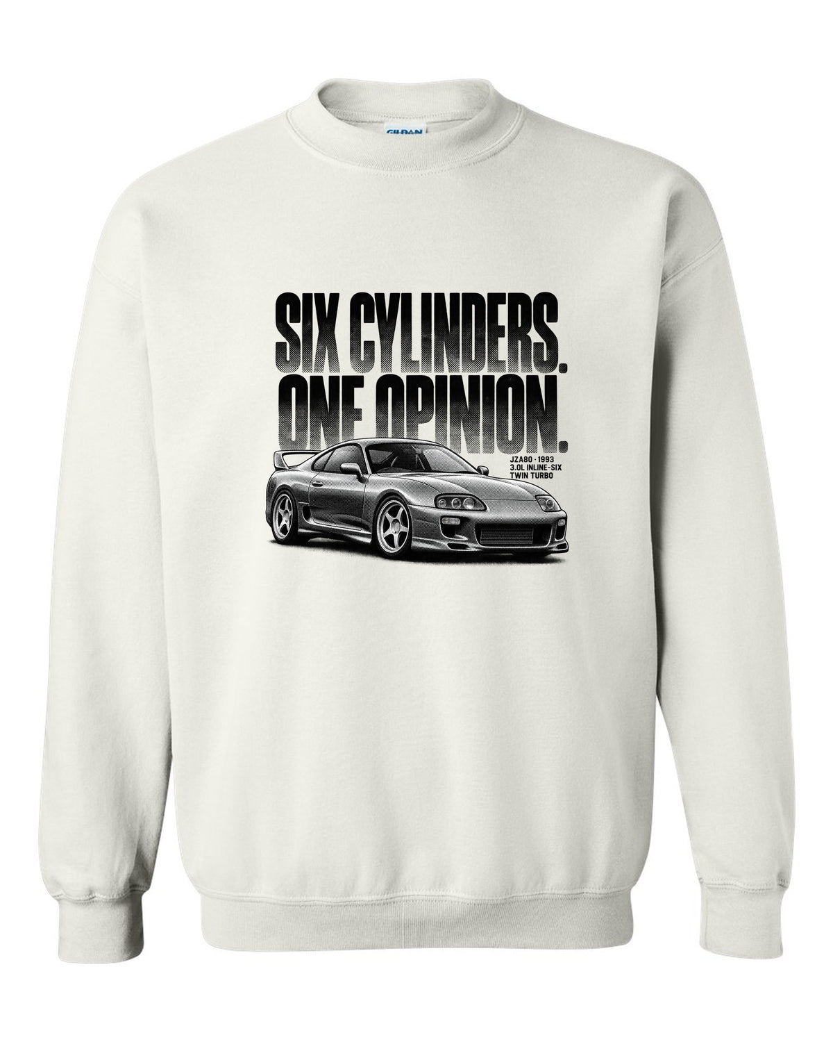 Halftone print of a Toyota Supra A80 JZA80 profile with the text Six Cylinders One Opinion white crewneck front view with the design