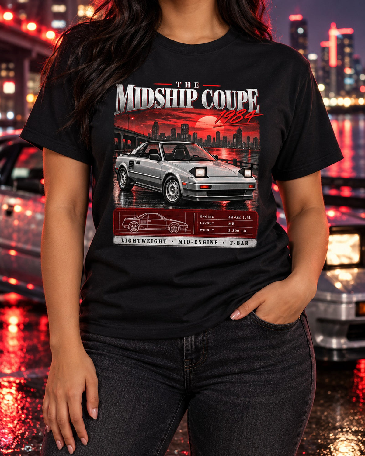 Toyota MR2 AW11 Mid-Engine Archive Panel Shirt, 1984 T-Shirt Black worn hero