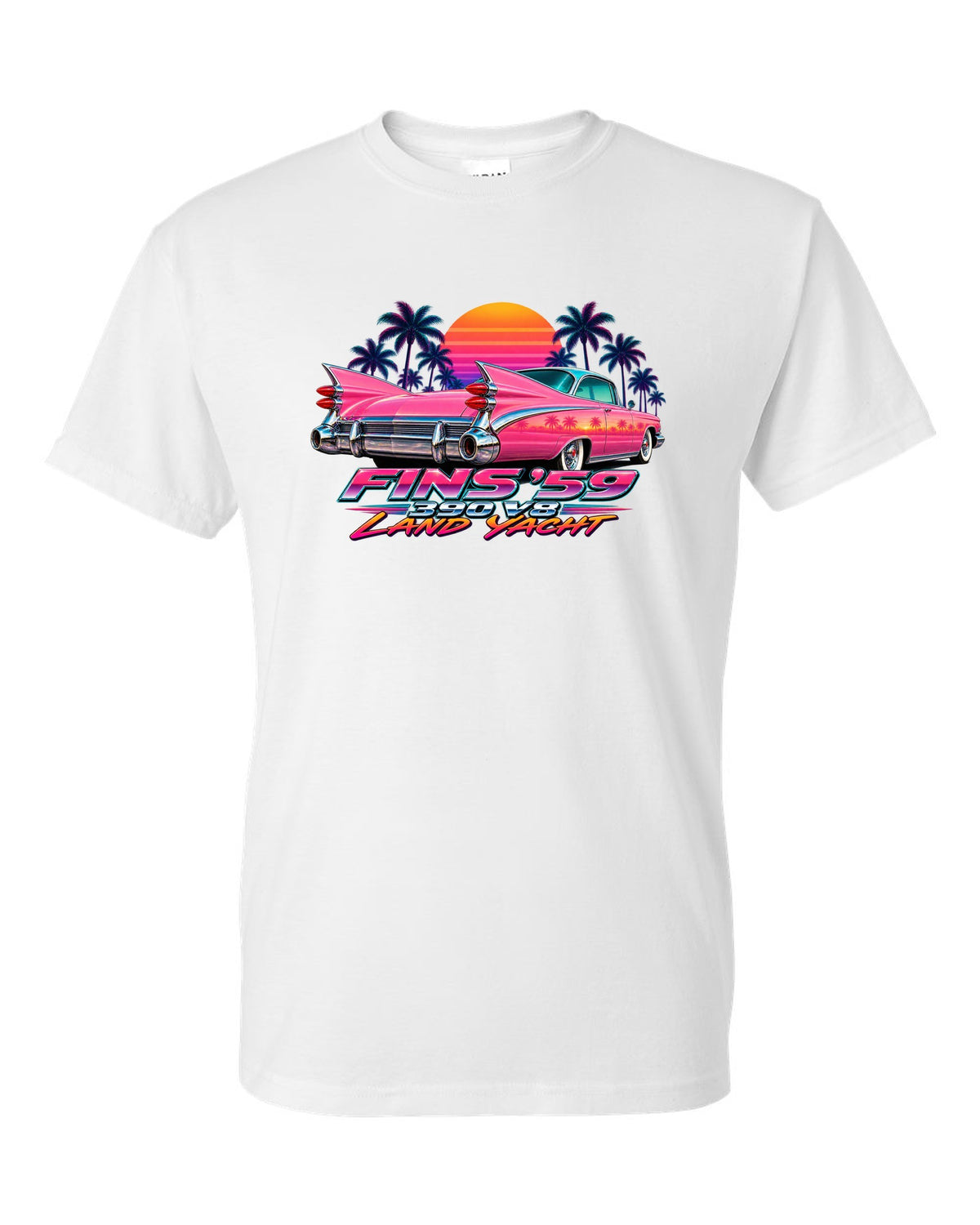 1959 Cadillac Series 62 Coupe de Ville rear fins against an airbrush retro sunset white t-shirt front view with the design