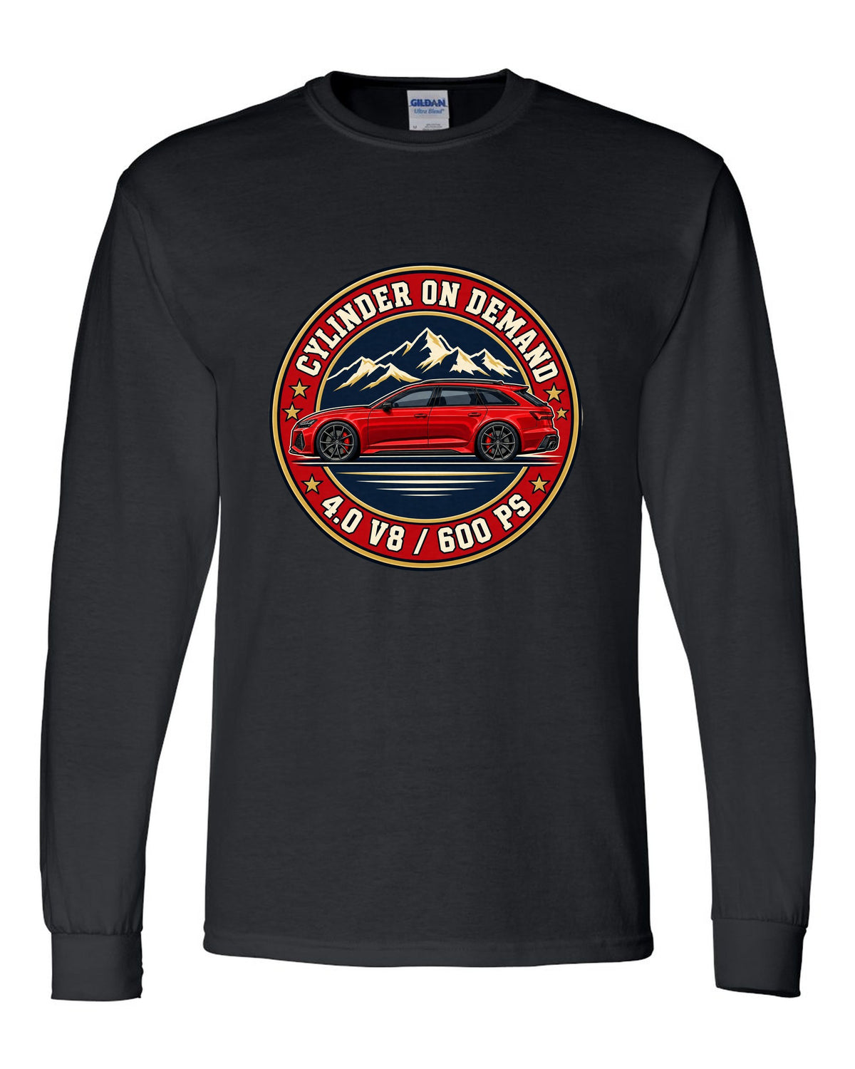 Varsity-style crest design for the Audi RS6 Avant C8 with 4.0 V8 and 600 PS lettering black long sleeve front view with the design