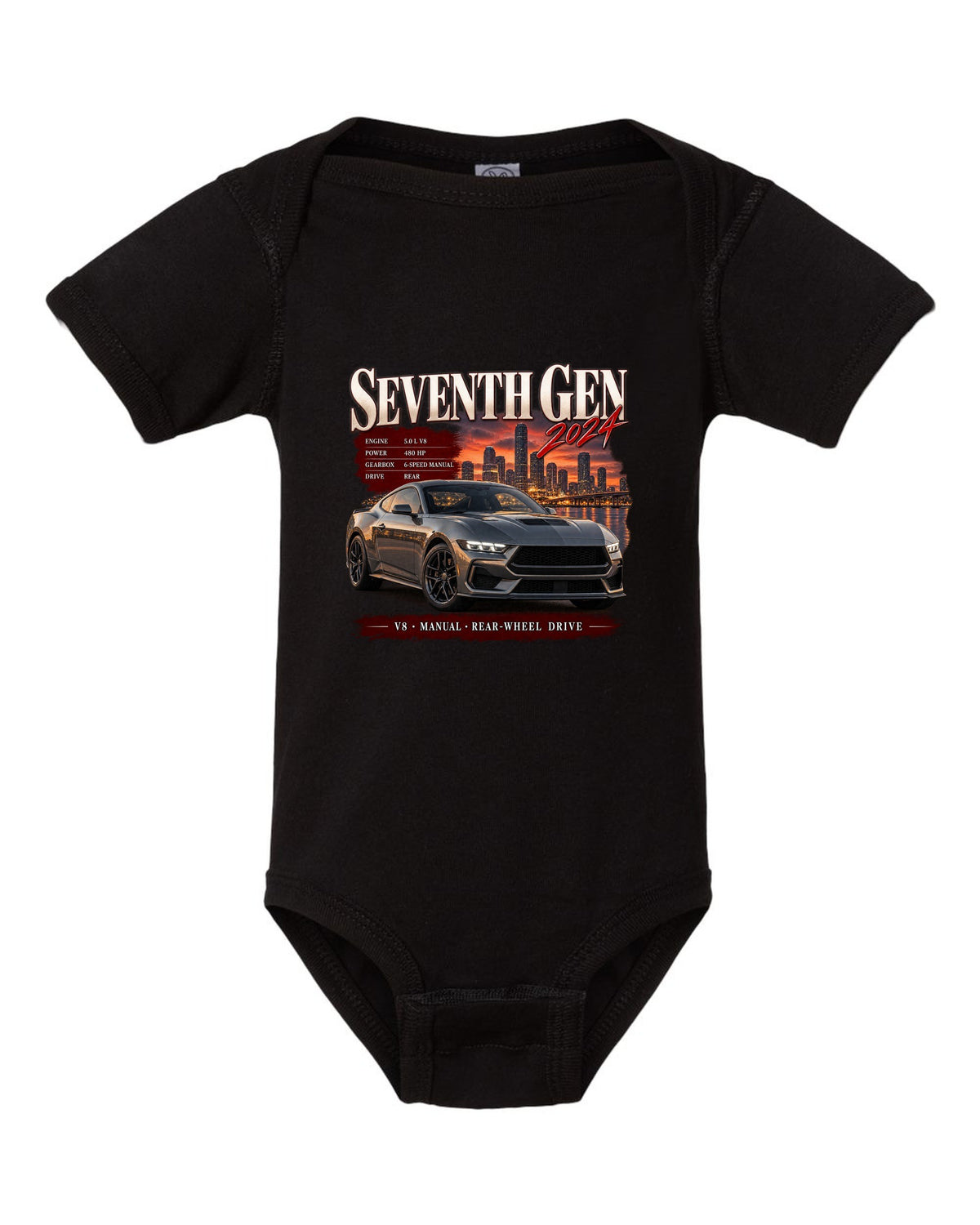 Ford Mustang S650 GT archive panel print reading Seventh Gen 2024 black baby onesie front view with the design