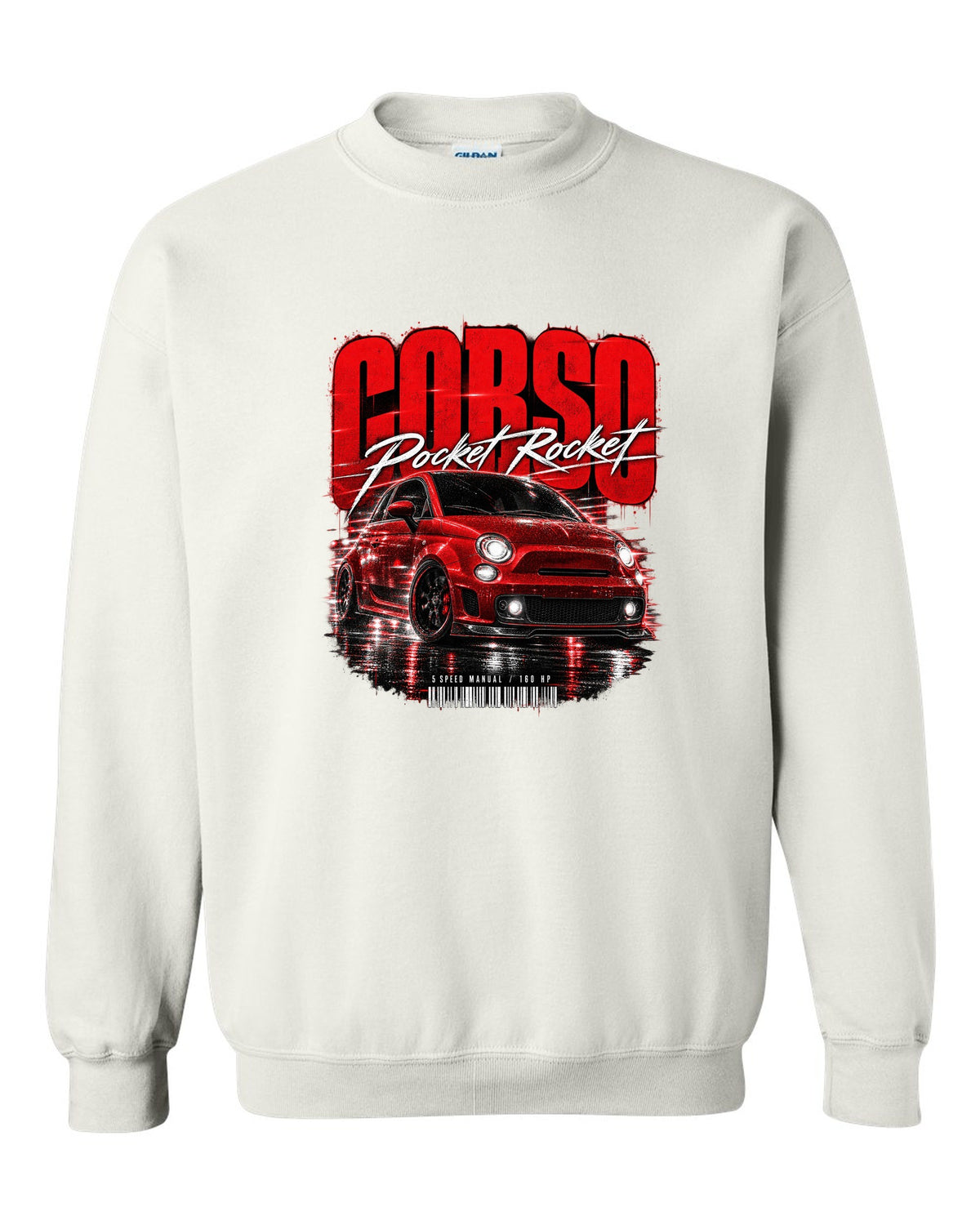 Street poster print of a Fiat 500 Abarth with Corso Pocket Rocket 5 speed manual text white crewneck front view with the design