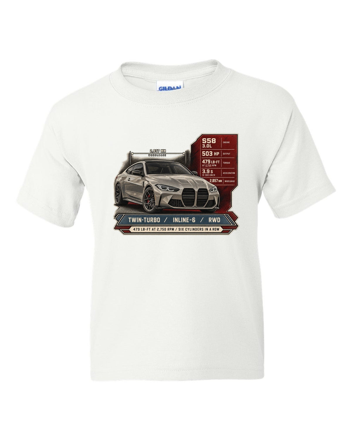 BMW M4 Competition G82 spec poster print with 479 lb-ft and six cylinders in a row white kids tee front view with the design
