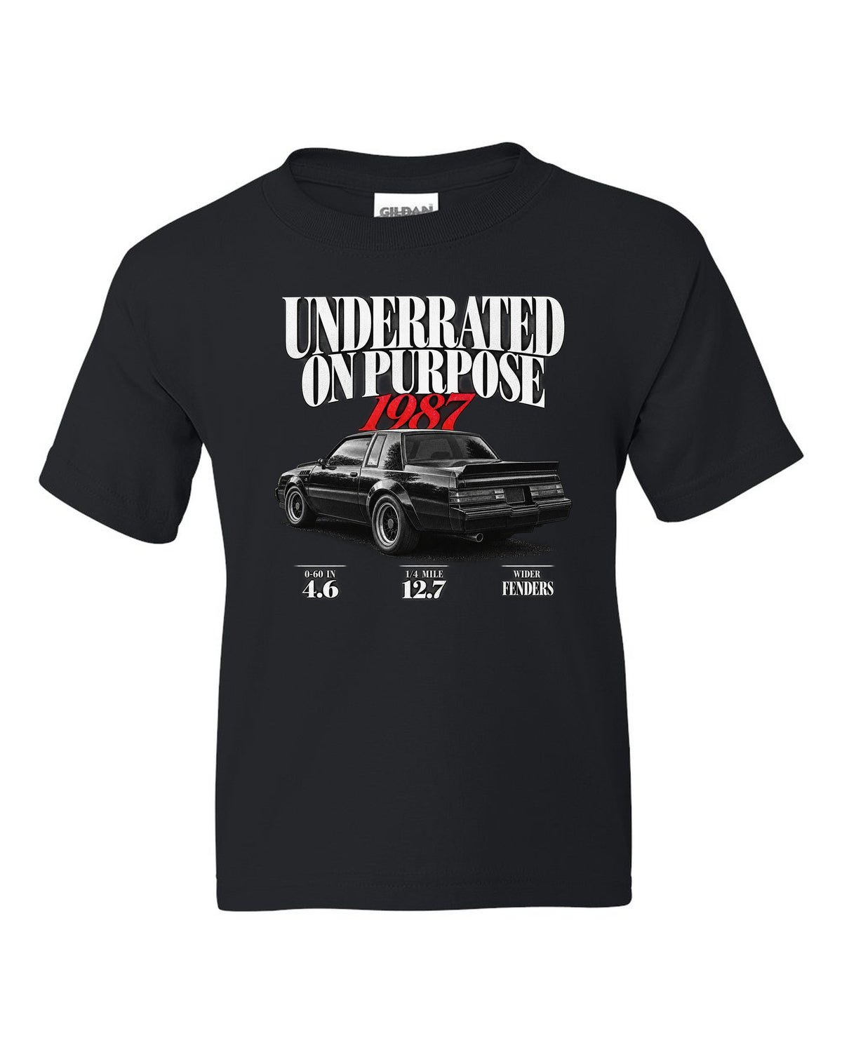 1987 Buick GNX editorial headline print with performance figures black kids tee front view with the design