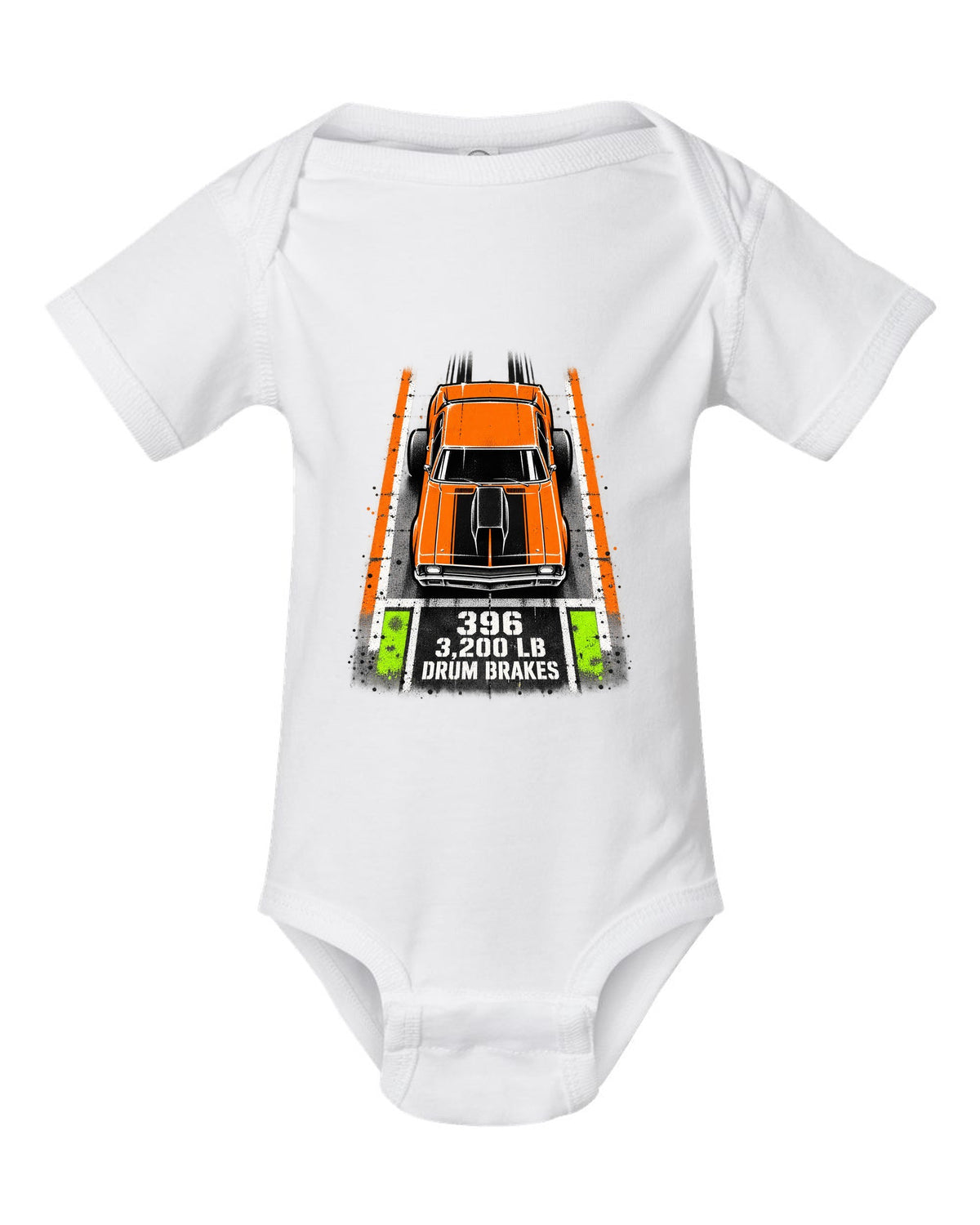 Stencil spray street art print of a 1970 Chevrolet Nova SS 396 with the text 396, 3,200 LB, Drum Brakes white baby onesie front view with the design