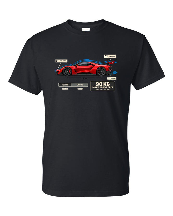 Bugatti Divo aero callouts diagram print about downforce versus Chiron black t-shirt front view with the design