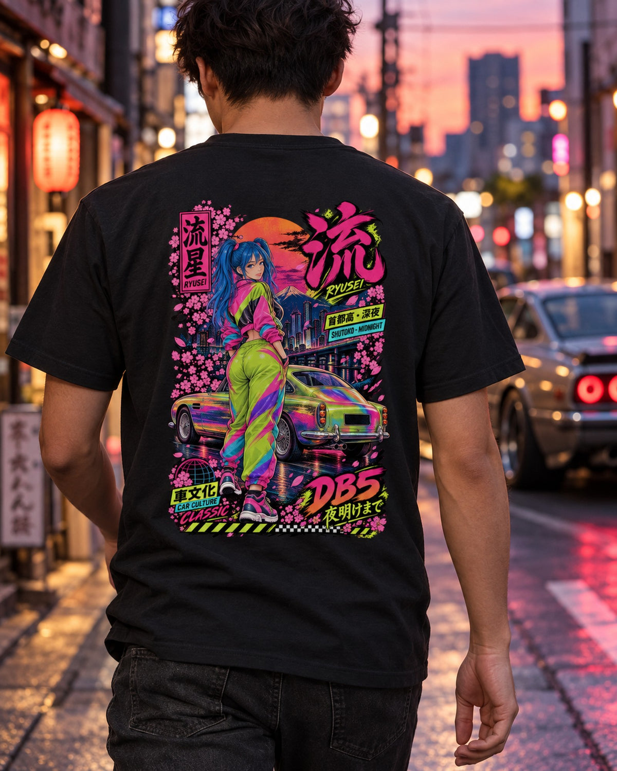 RYUSEI DB5 Anime Girl Full-Back Graphic Tee T-Shirt Black worn hero