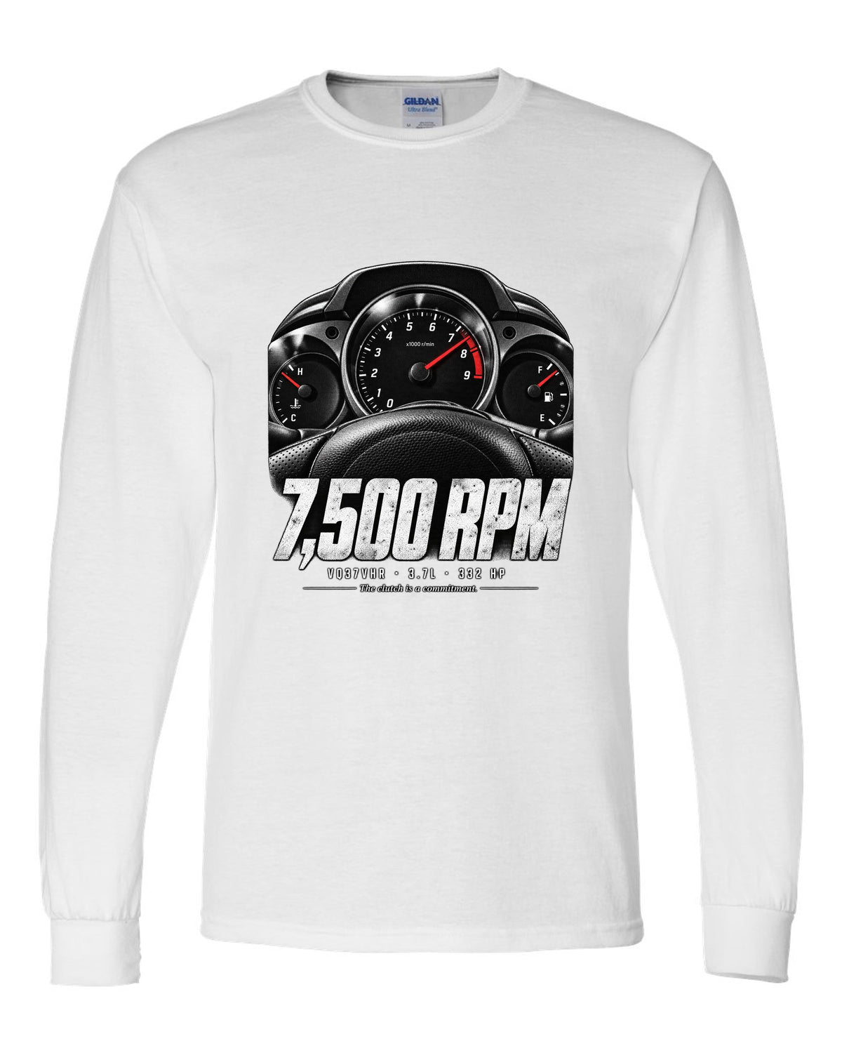 print of a Nissan 370Z Z34 gauge cluster at 7,500 RPM with VQ37VHR text white long sleeve front view with the design