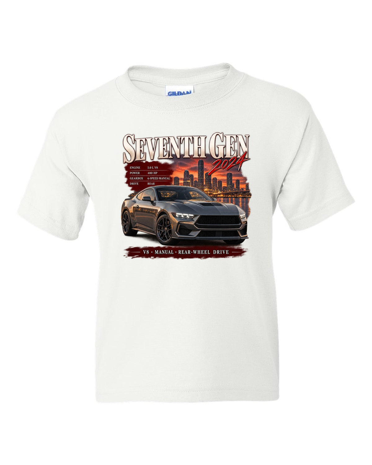 Ford Mustang S650 GT archive panel print reading Seventh Gen 2024 white kids tee front view with the design