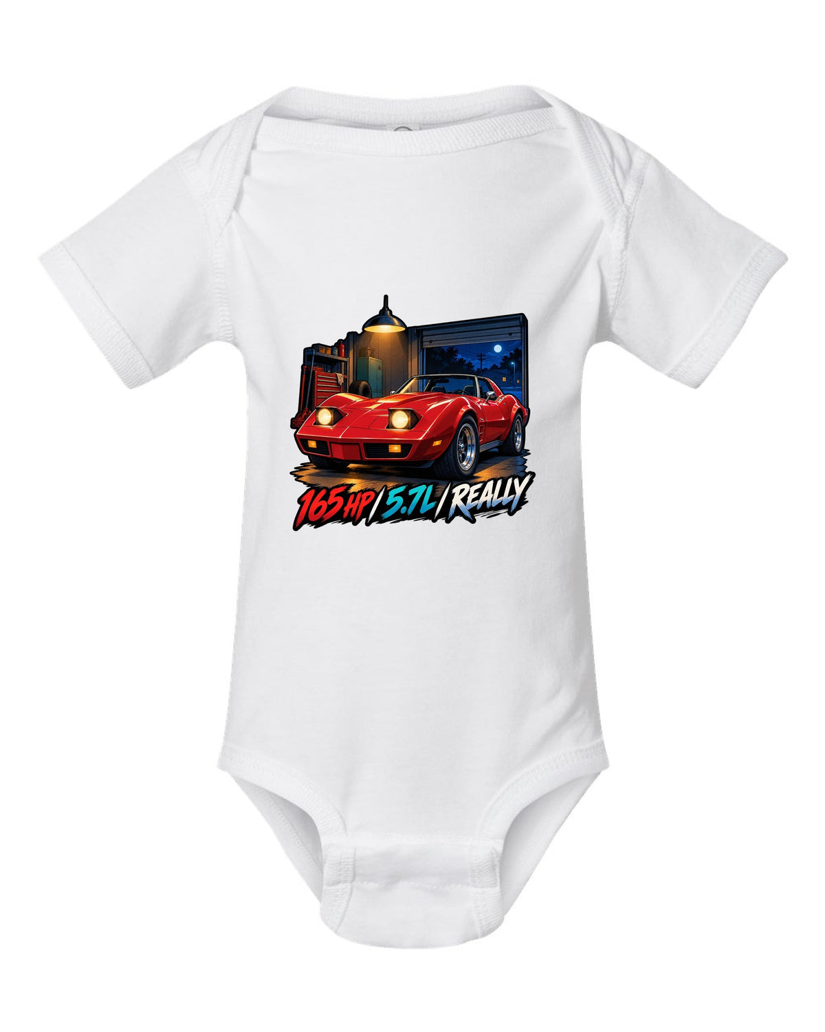 Cel-shaded anime night touge print of a 1975 Chevrolet Corvette C3 Stingray with 165 HP 5.7L lettering white baby onesie front view with the design