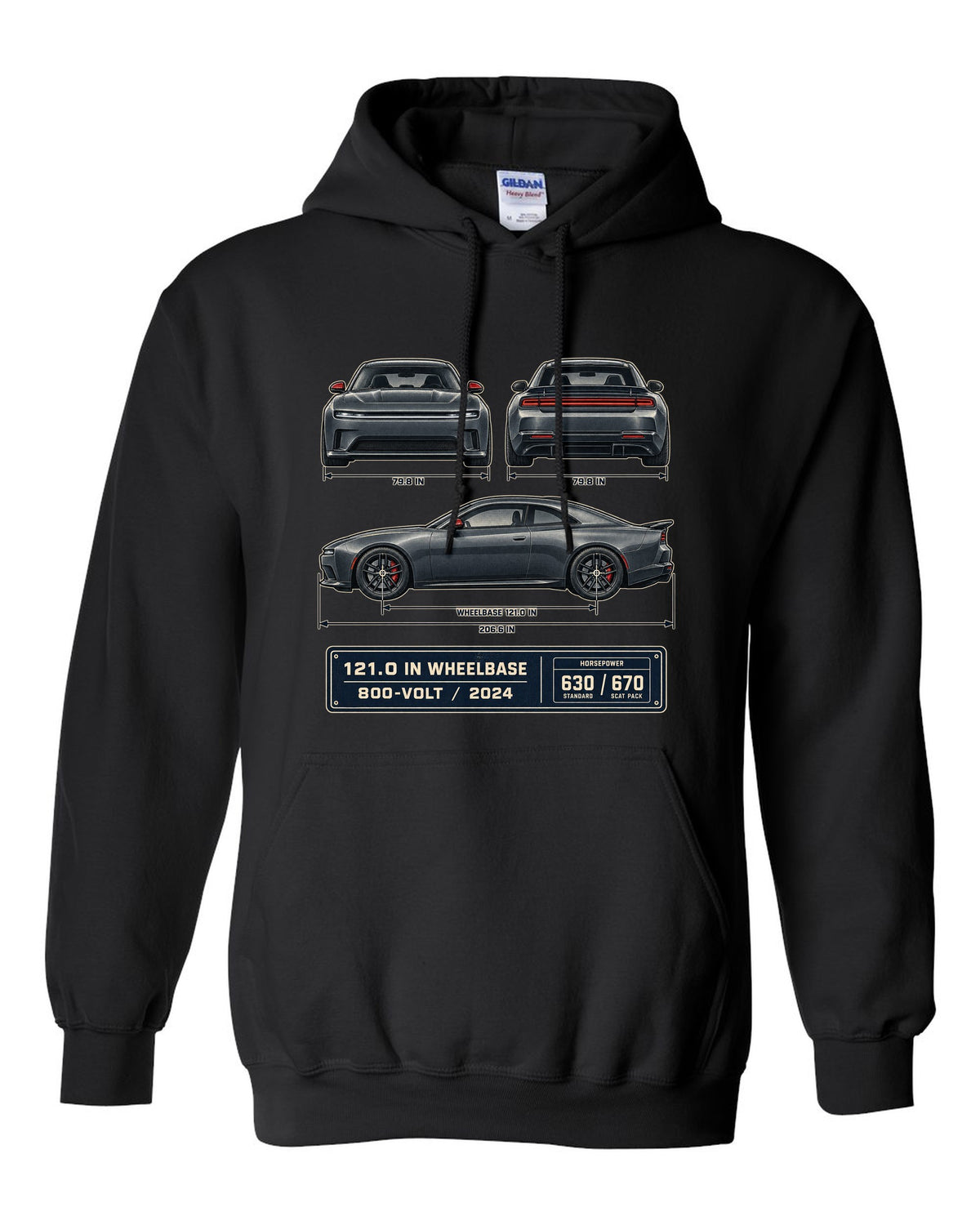 Dodge Charger Daytona Scat Pack 2024 dimension blueprint print black pull over hoodie front view with the design