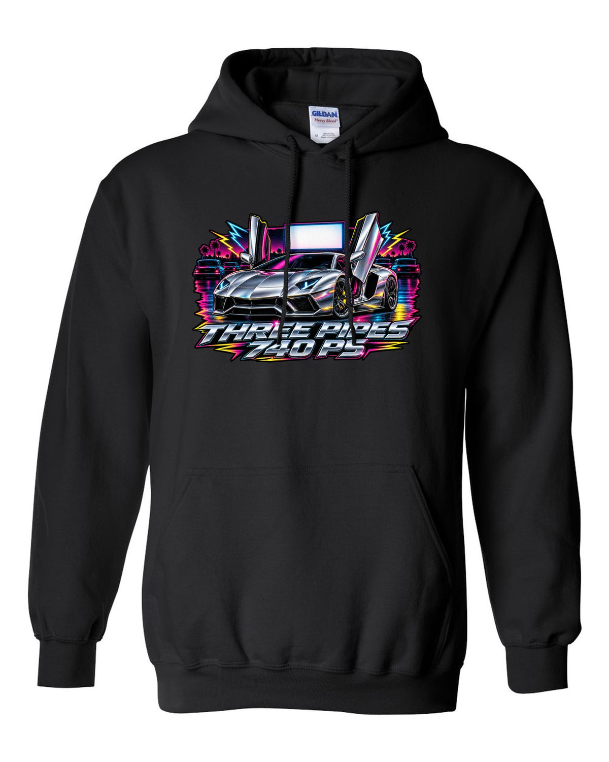 80s airbrush chrome Lamborghini Aventador S LP740-4 with the text THREE PIPES / 740 PS black pull over hoodie front view with the design