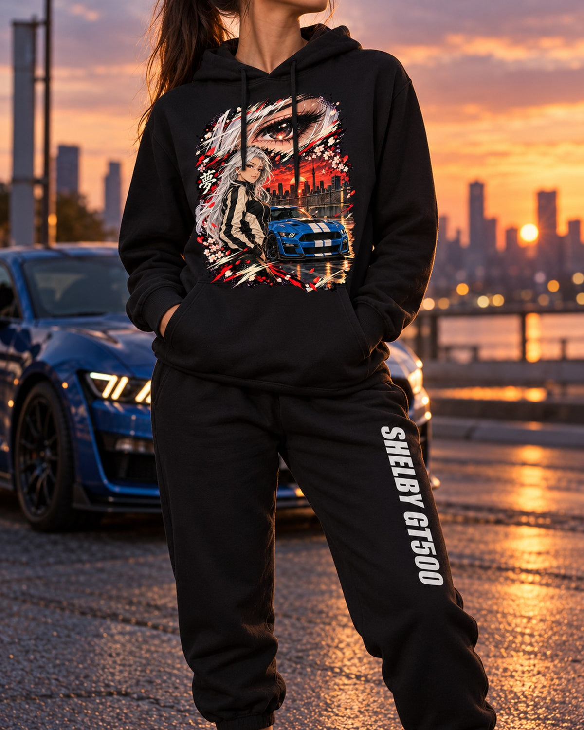 Ford Mustang Shelby GT500 Anime Girl Hoodie + Jogger Set Black worn hero
