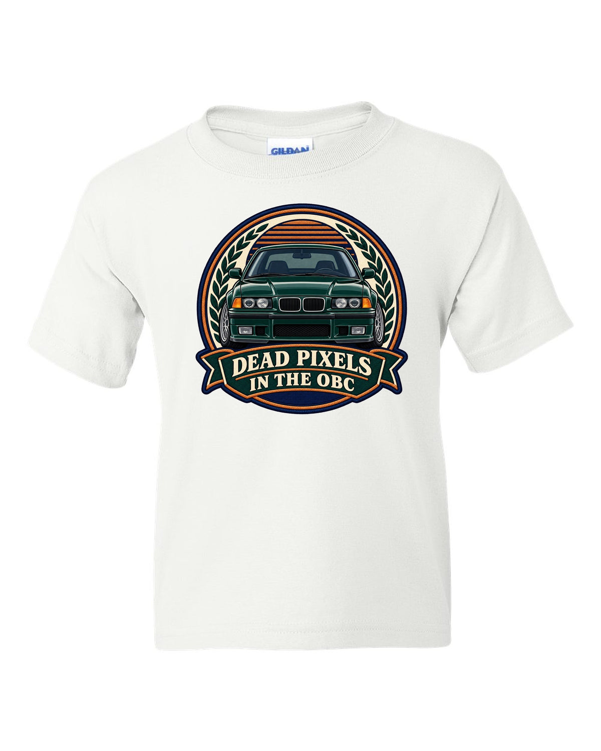 Varsity crest style print of a BMW E36 M3 coupe with dead pixels in the OBC text white kids tee front view with the design