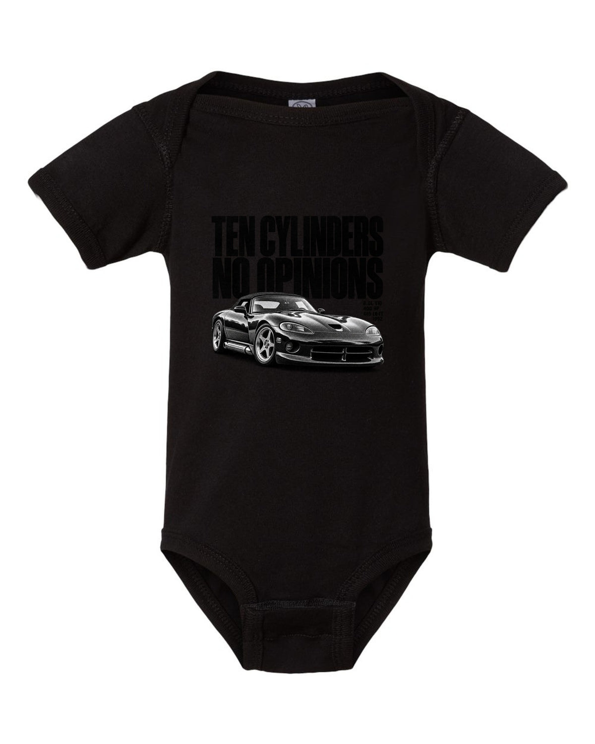 Halftone print of a 1992 Dodge Viper RT/10 SR I with the words ten cylinders, no opinions black baby onesie front view with the design