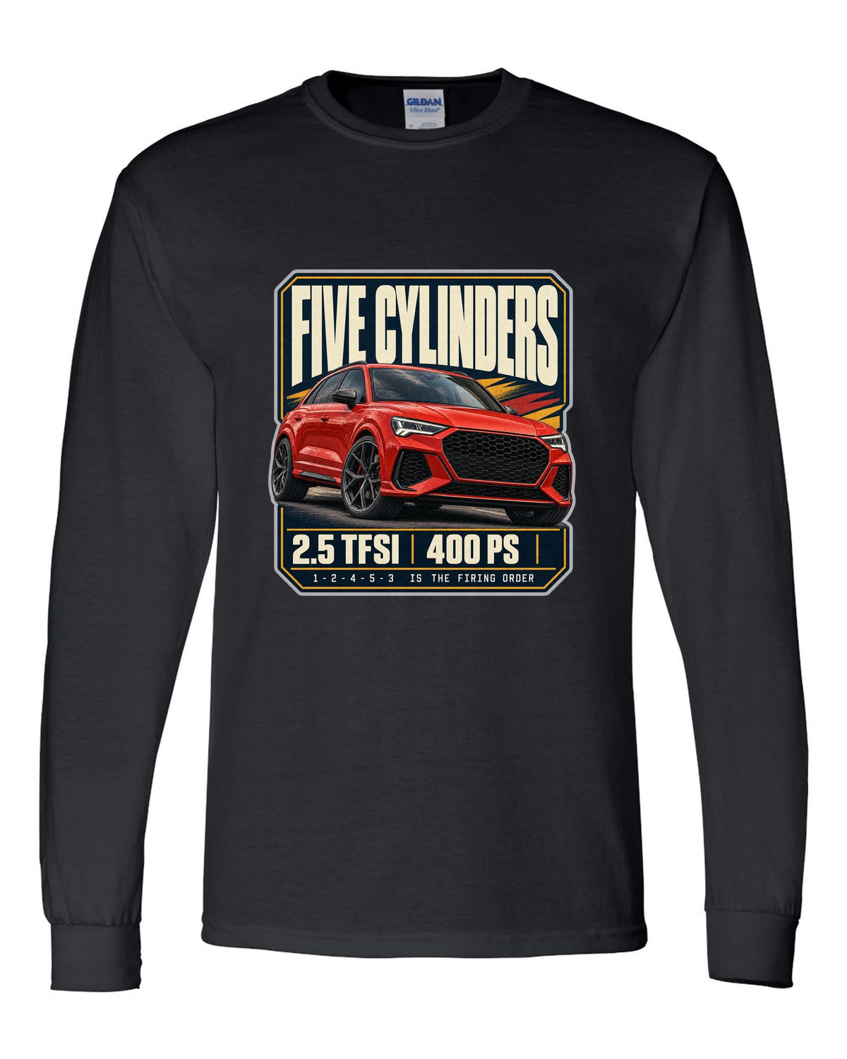 Audi RS Q3 F3 editorial headline print with five-cylinder text black long sleeve front view with the design