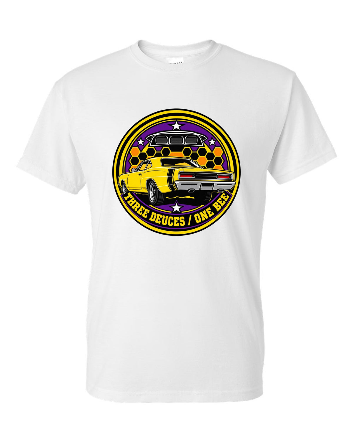 Round crest design for the 1969 Dodge Coronet Super Bee reading three deuces one bee white t-shirt front view with the design