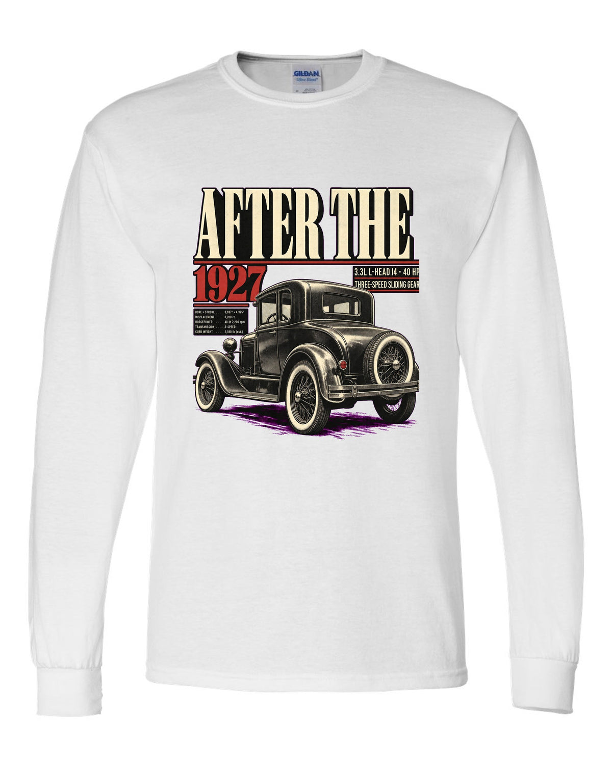 Editorial headline print of a Ford Model A coupe with spec lines white long sleeve front view with the design