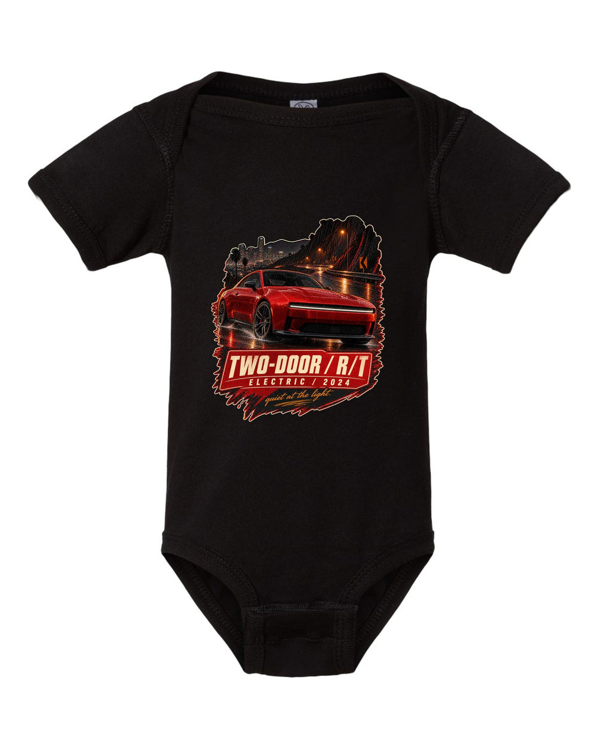 print of a 2024 Dodge Charger Daytona R/T on a night street black baby onesie front view with the design