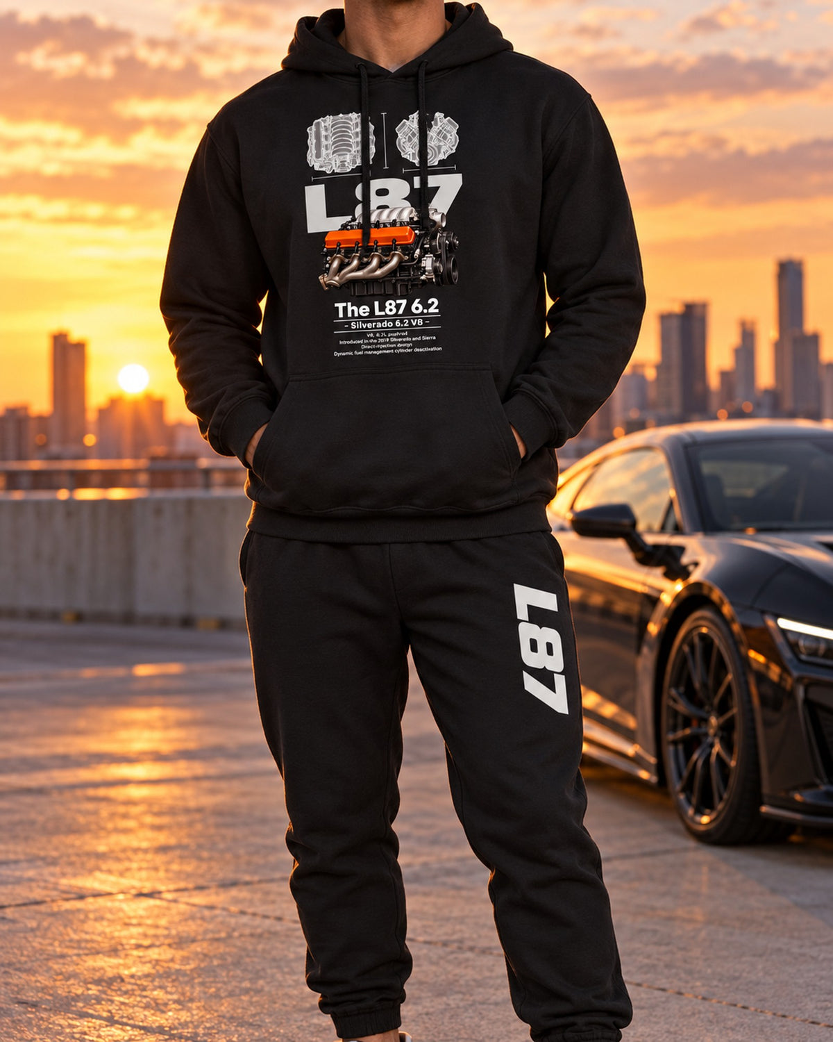 GM L87 6 2 Engine Hoodie + Jogger Set Black worn hero