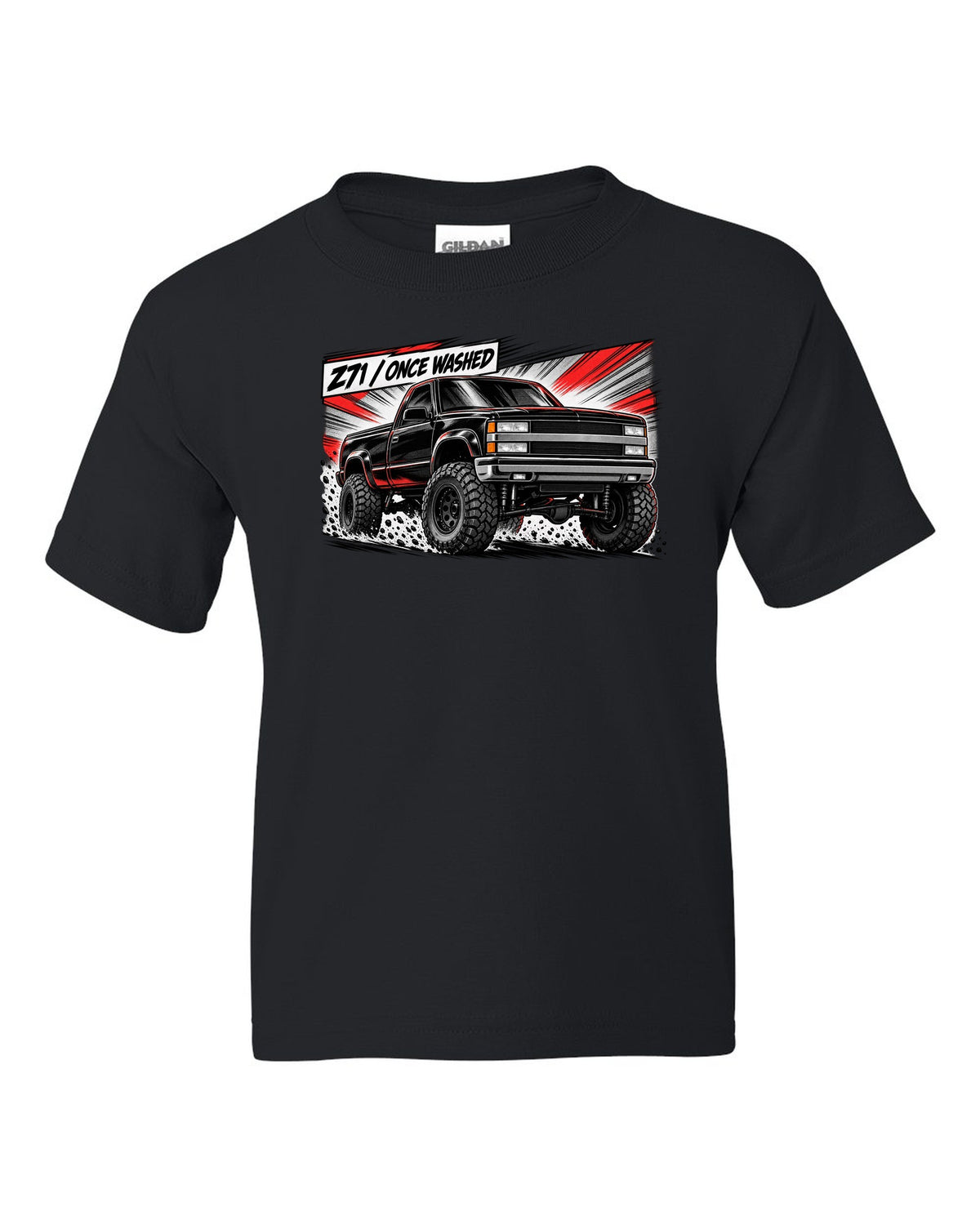 Retro manga halftone panel print of a 1988-98 Chevrolet GMT400 K1500 Z71 OBS with Z71 once washed lettering black kids tee front view with the design