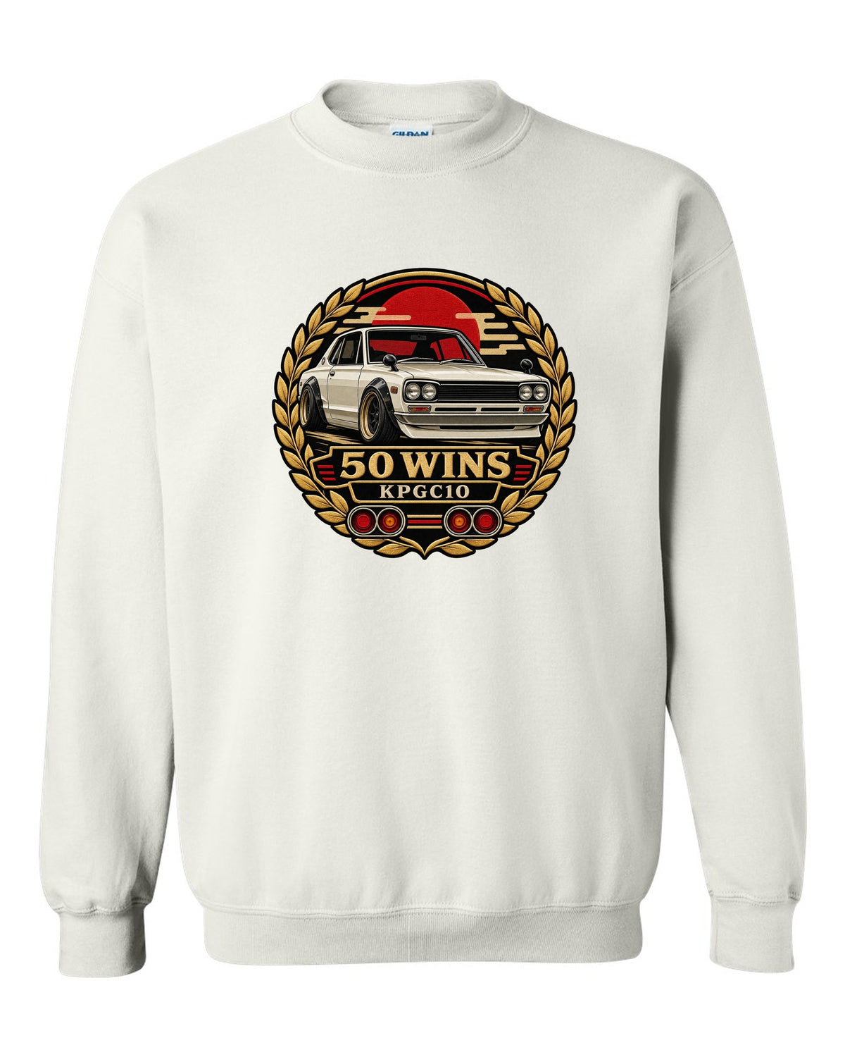 Round crest print for the Skyline Hakosuka KPGC10 with 50 Wins lettering white crewneck front view with the design