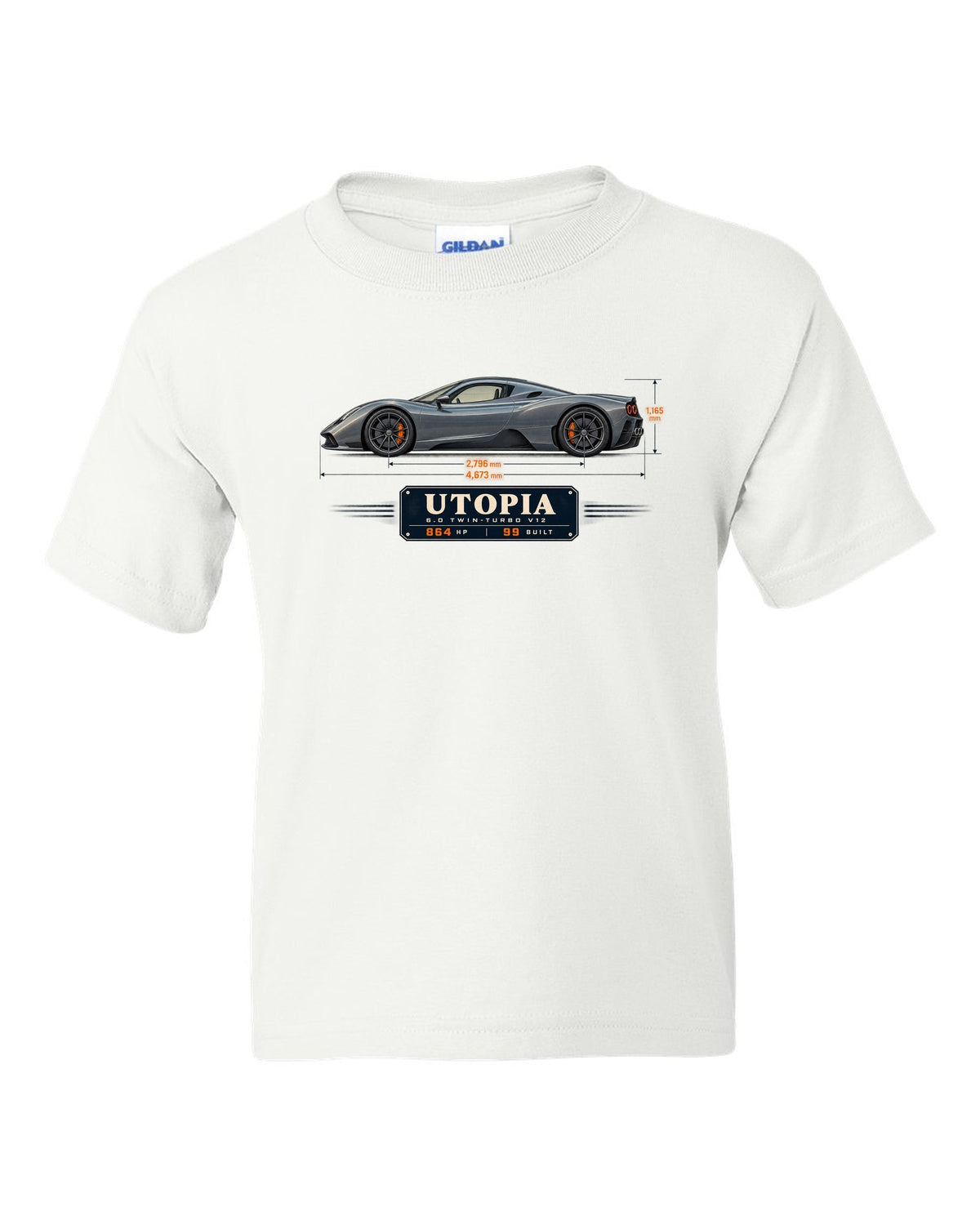 Blueprint print of the Pagani Utopia coupe with the text 6.0 twin-turbo V12, 864 hp, 99 built white kids tee front view with the design