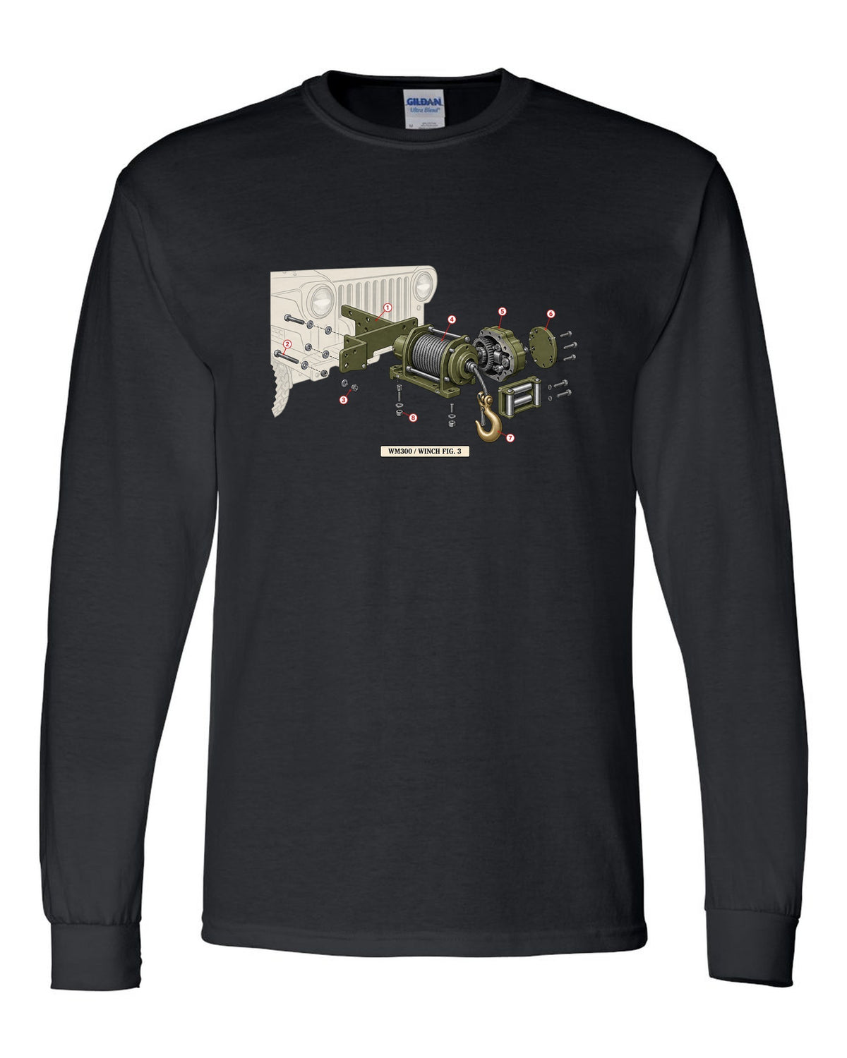 Exploded diagram print of a Dodge Power Wagon WM300 front winch labelled Fig. 3 black long sleeve front view with the design
