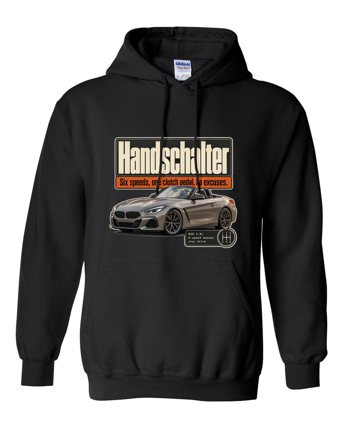 Editorial print for the BMW Z4 M40i six-speed manual labelled Handschalter black pull over hoodie front view with the design