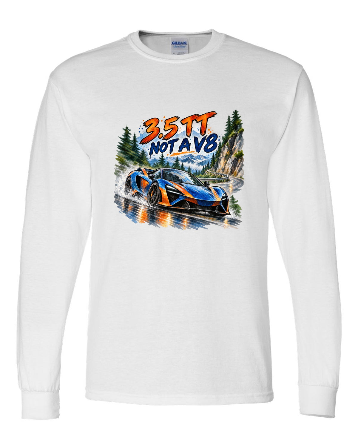 Ford GT 2017-2022 on a hairpin in a watercolour wash print white long sleeve front view with the design