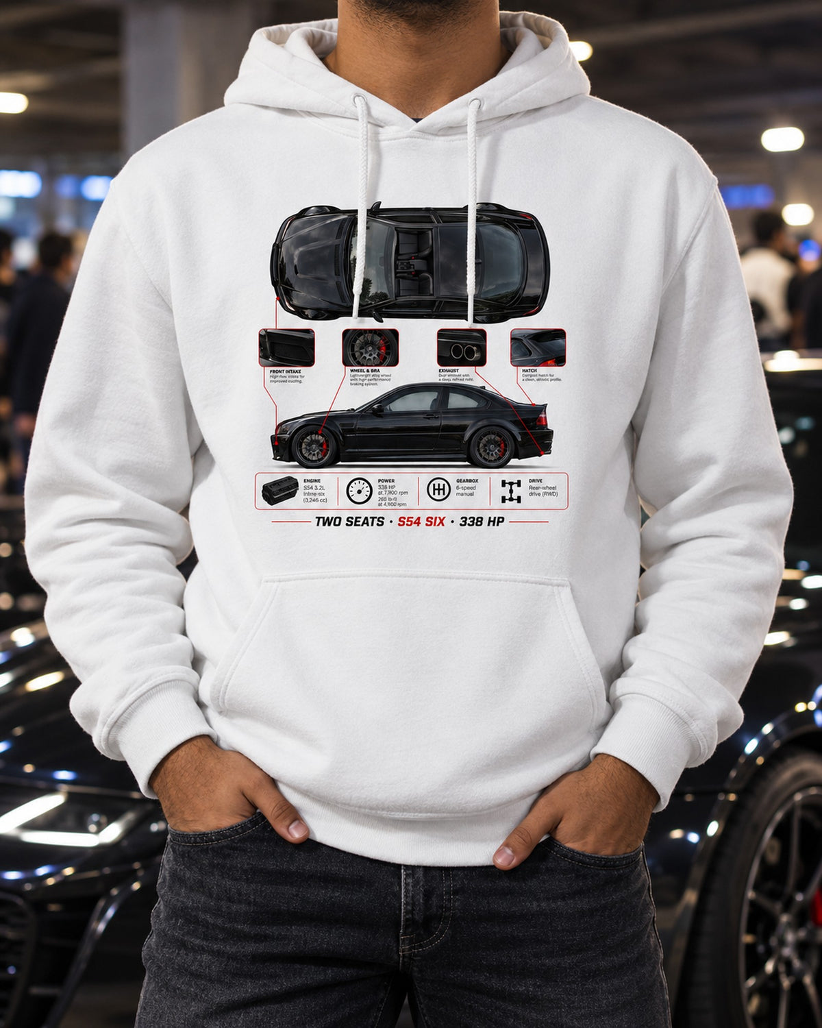 BMW Z4 M Coupe E86 Spec Poster Shirt, S54 Six 338 HP Pull Over Hoodie White worn hero